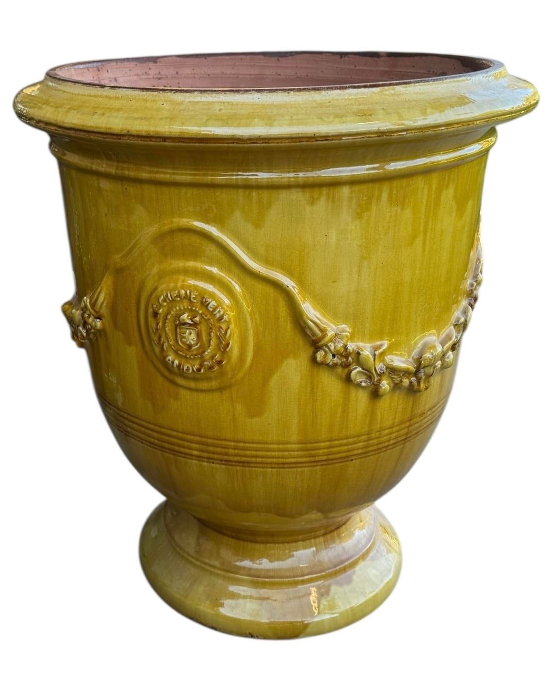 French Handmade Glazed Terracotta Planter by Le Chêne Vert in Anduze