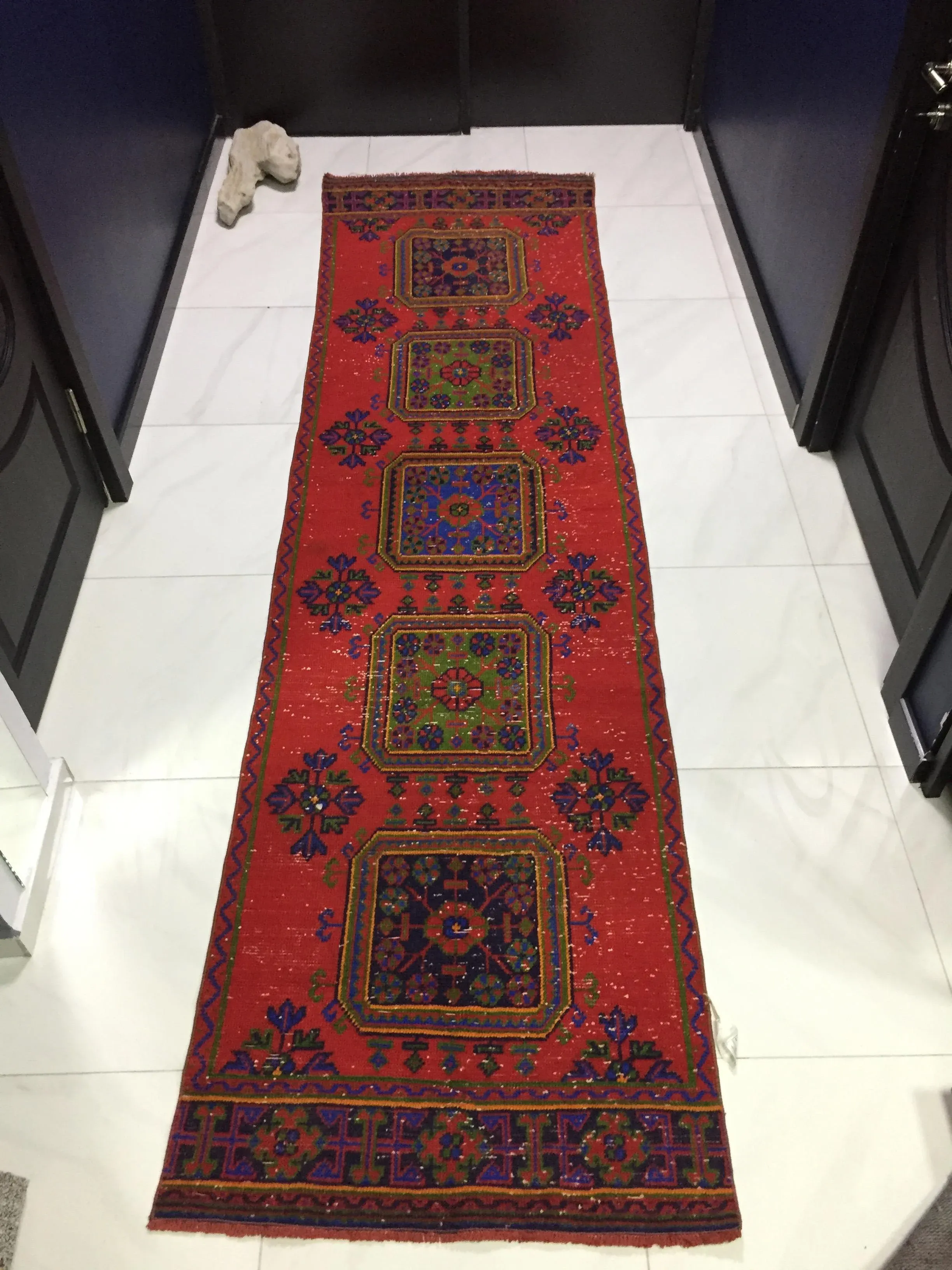 Vintage Red Oushak Turkish Anatolian Handmade Runner- 3′ × 11′5″