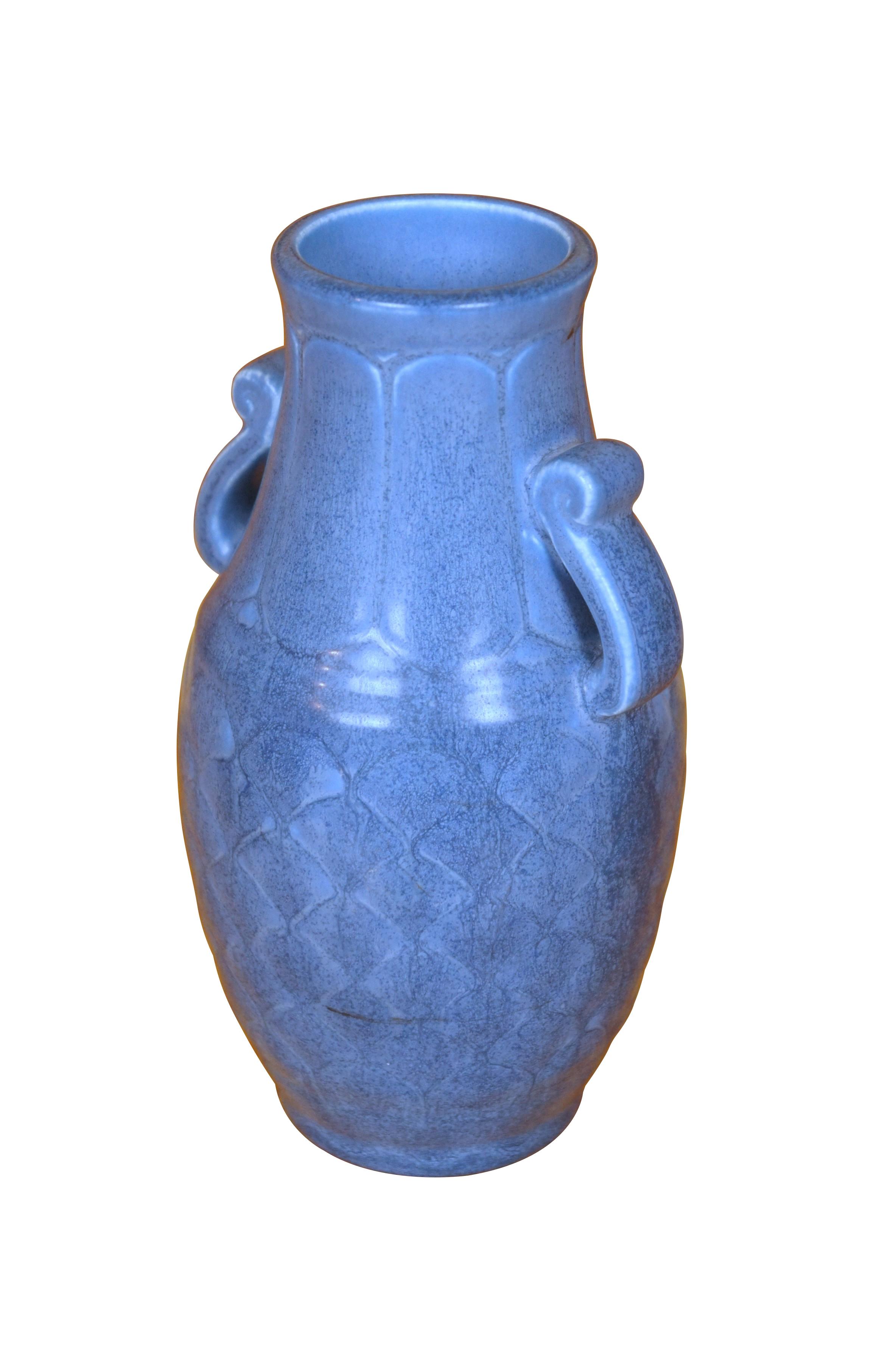 Rookwood 1930 XXX 6096 Matte Blue Basketweave Handled Vase | Chairish