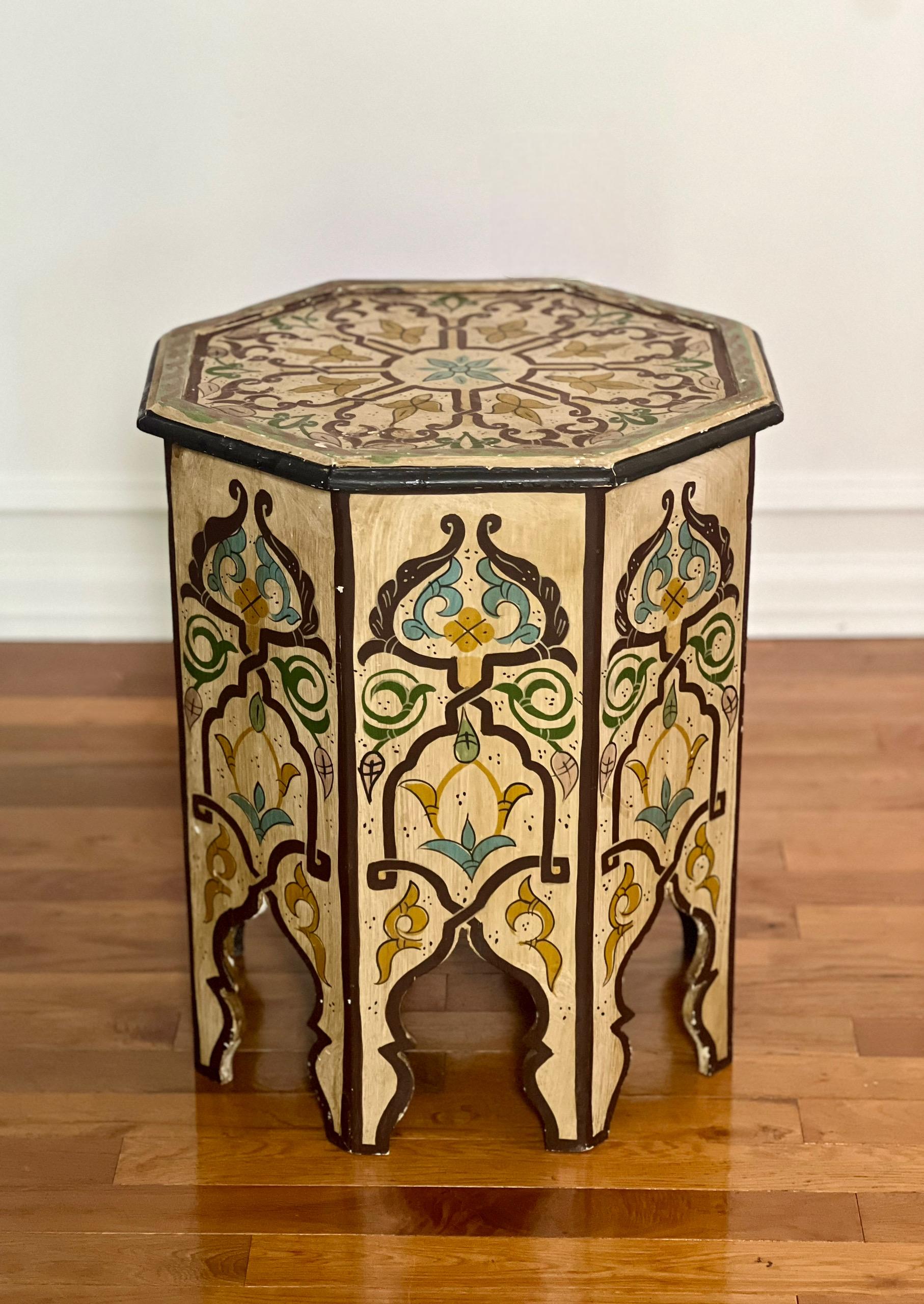 Vintage 1970s Moroccan Hand-Painted Octagonal Side Table