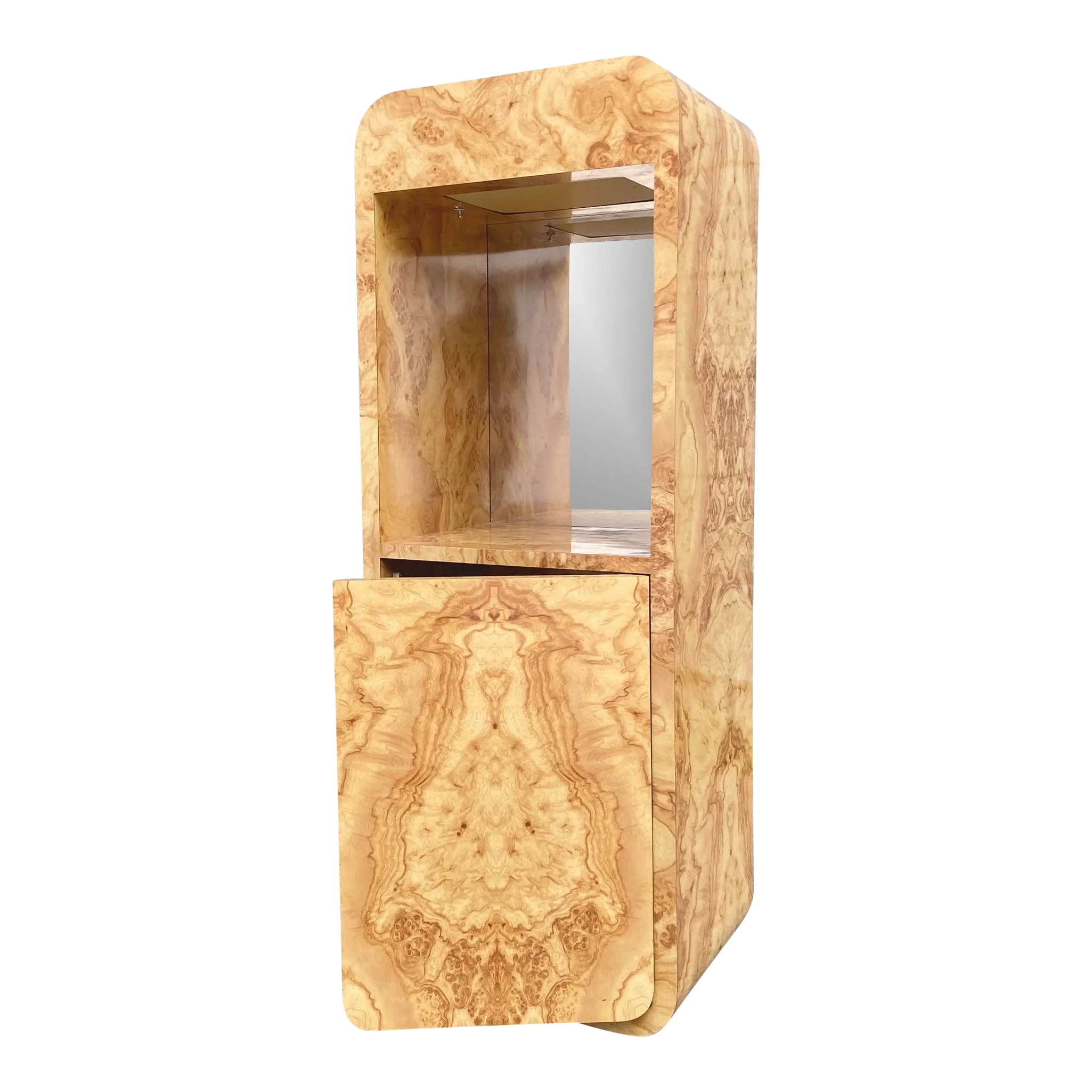 Vintage Burl Laminate Lighted Display Case and Pedestal With Storage