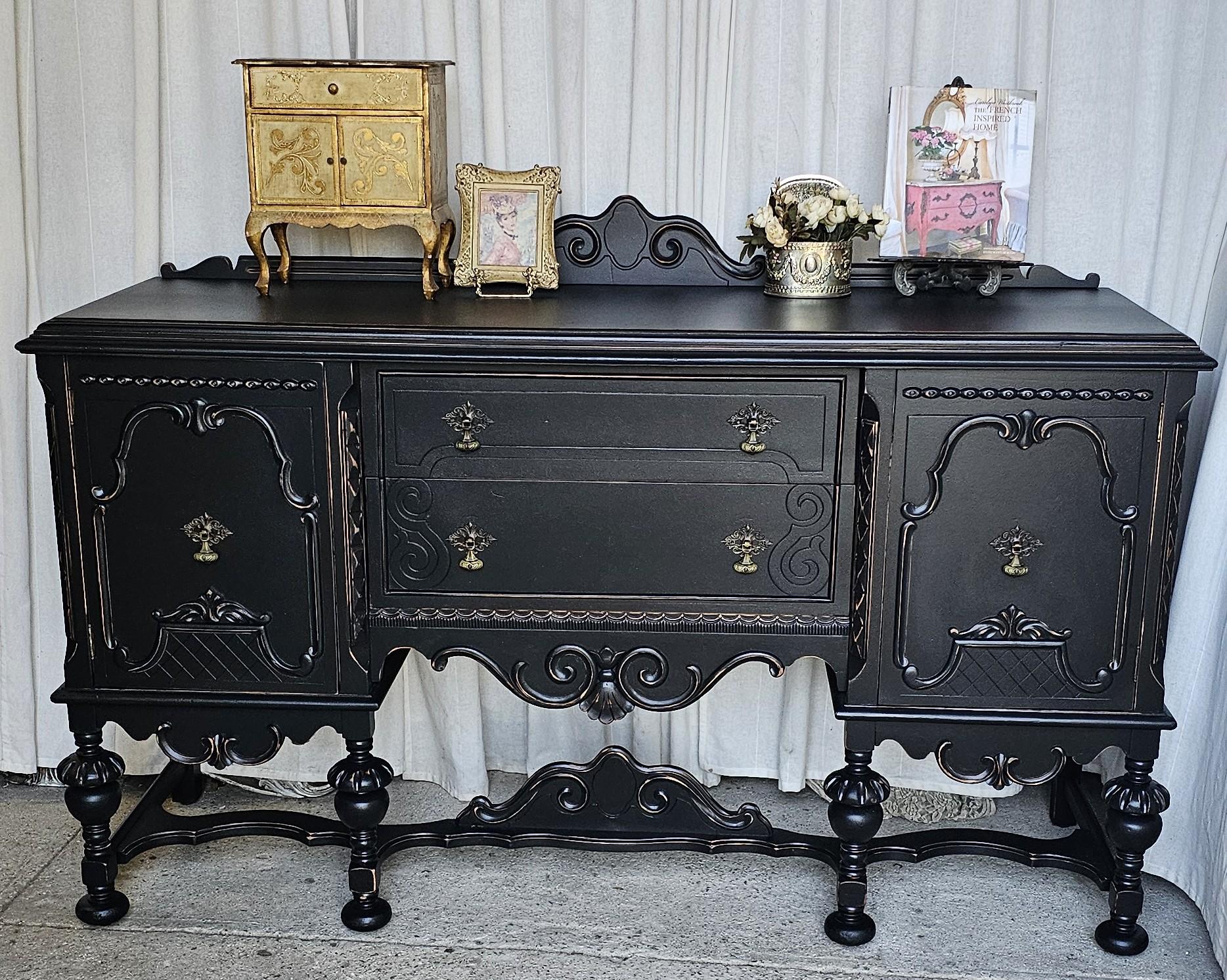 Vintage Sideboard Buffet, Jacobean Style, Circa 1930's Black Buffet Cabinet, image size:1868x1492