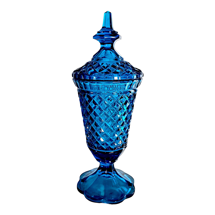 Diamond Point Blue Indiana Glass Pedestal Candy Dish Apothecary Jar