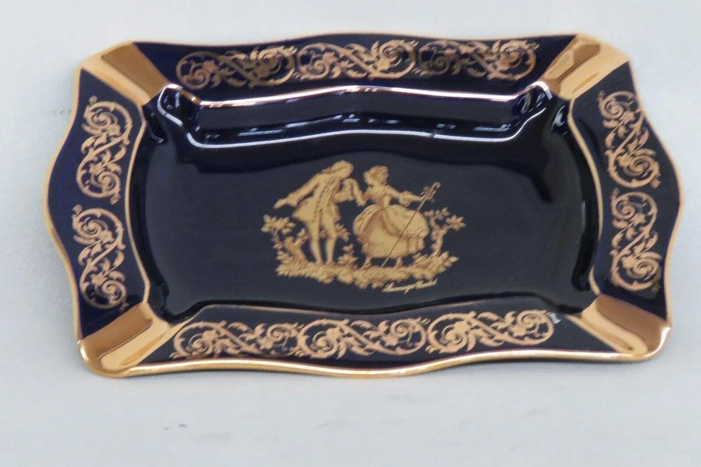 Limoges Castel France Porcelain Cobalt Blue 22k Gold Cameo Ashtray
