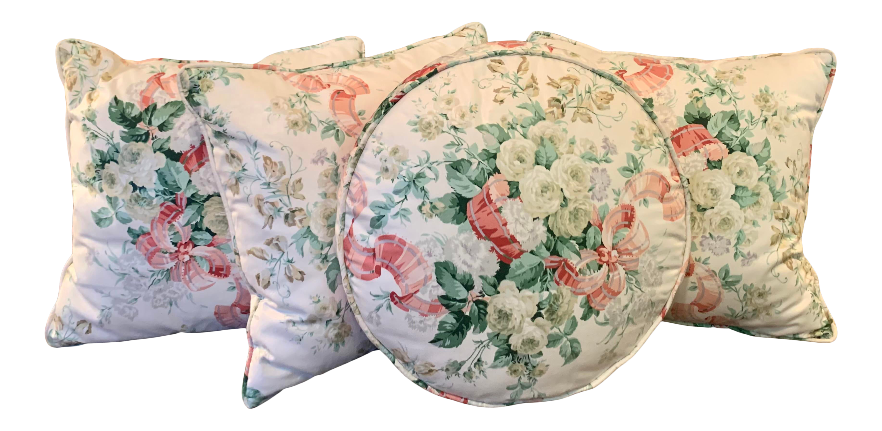 Floral Rose Bouquet and Ribbon Chintz Pillows Set of 4