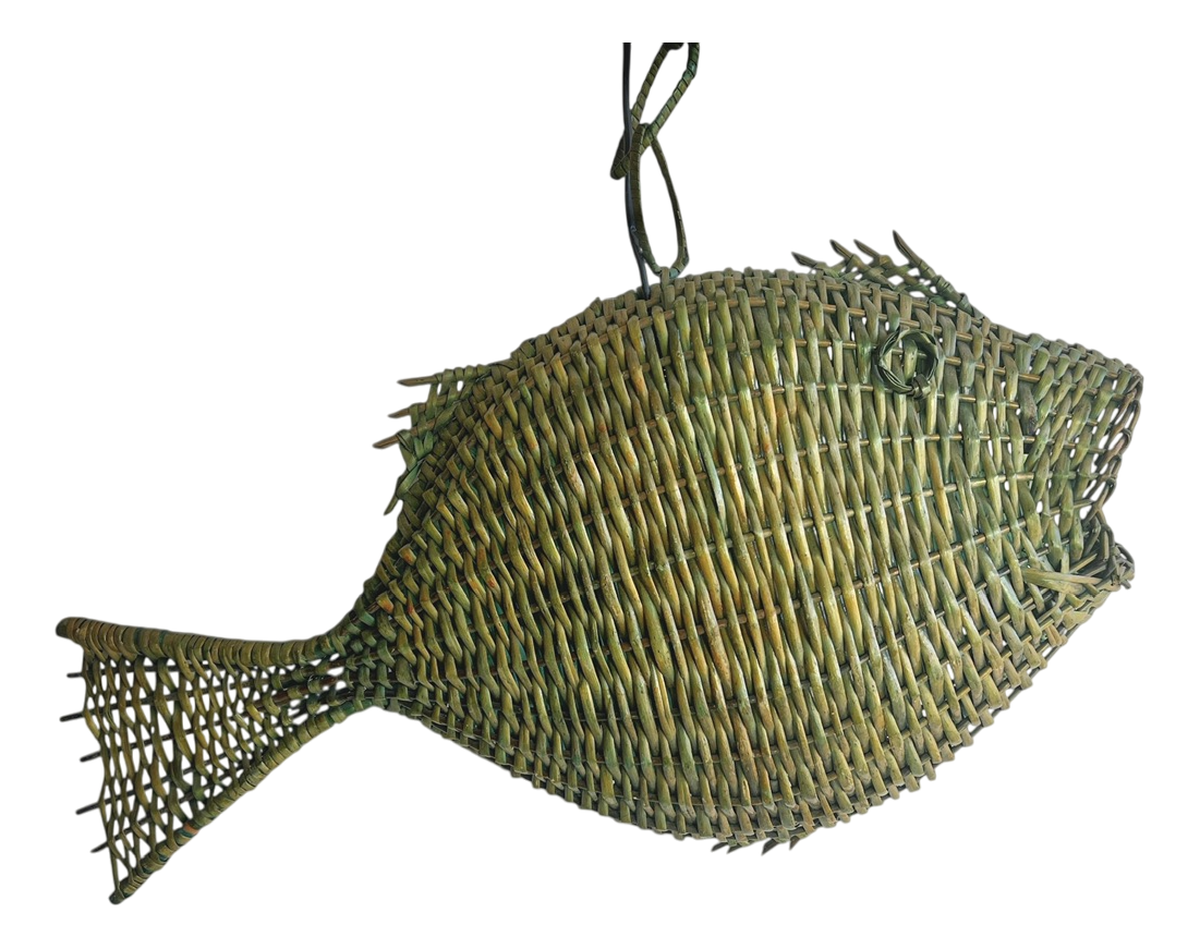 Mid-Century Modern Fish Wicker Rattan Pendant Lamp, 1960s