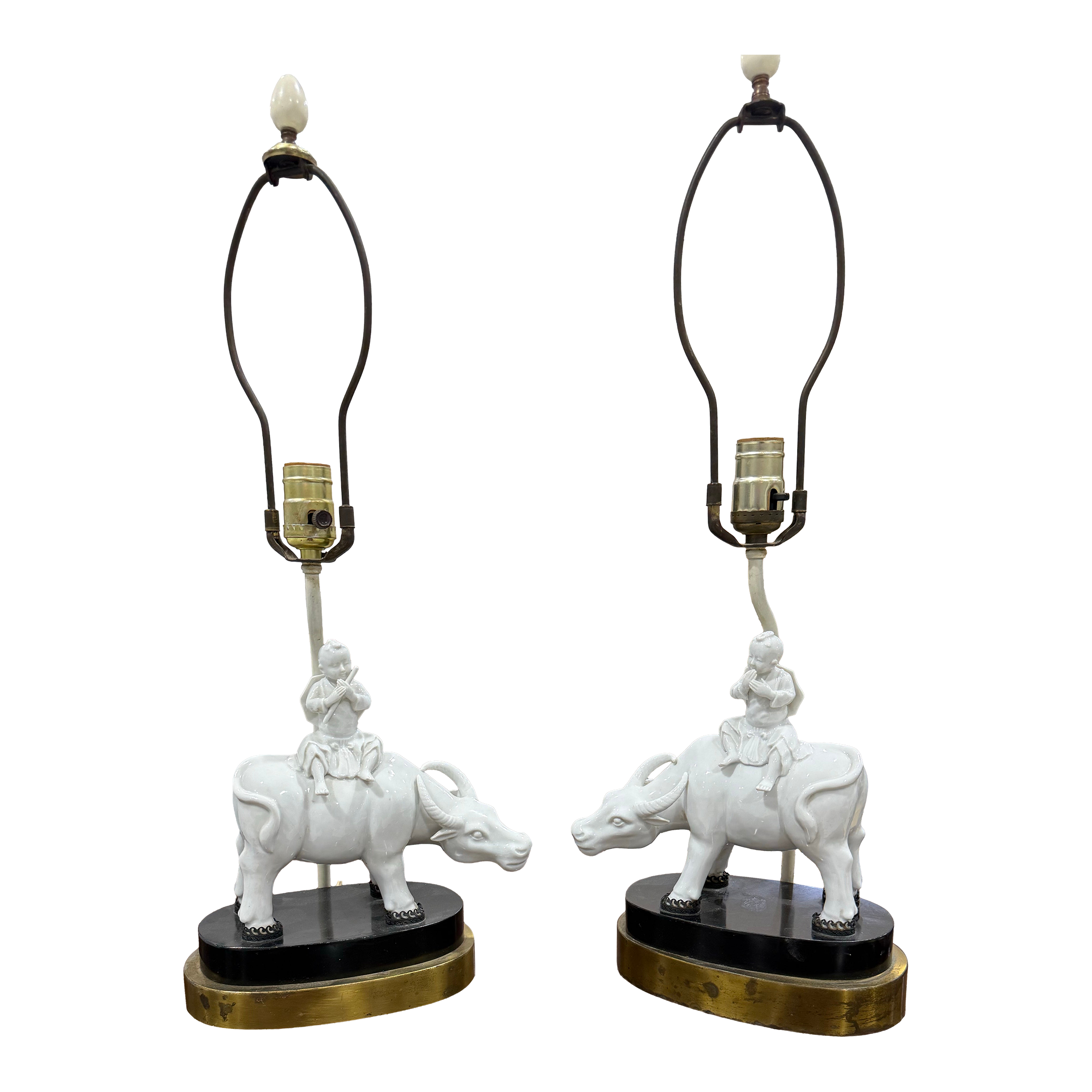1920s Blanc De Chine Porcelain Figurine Lamps of a Boy and a Water Buffalo Pair