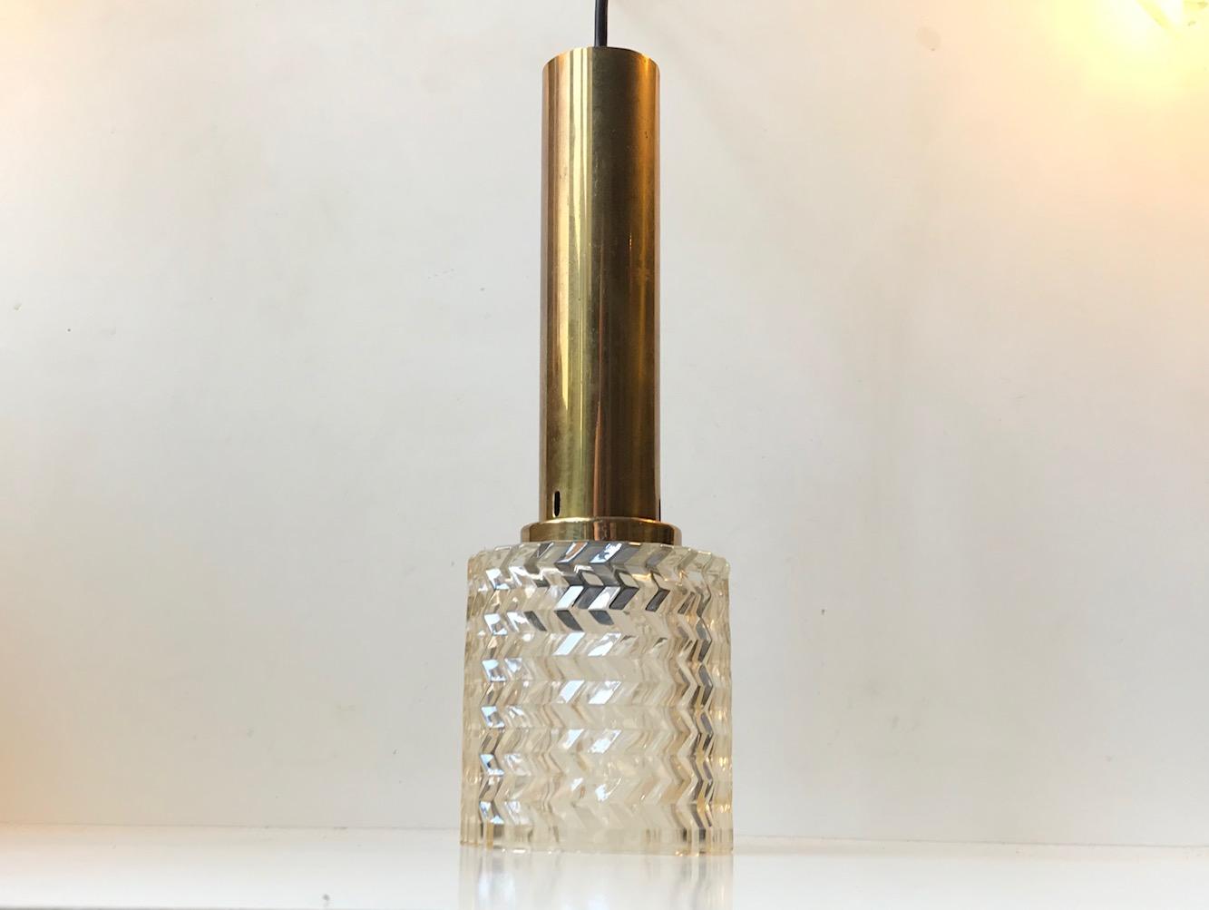 Vintage Glass and Brass Pendant Lamp from Orrefors, 1960s