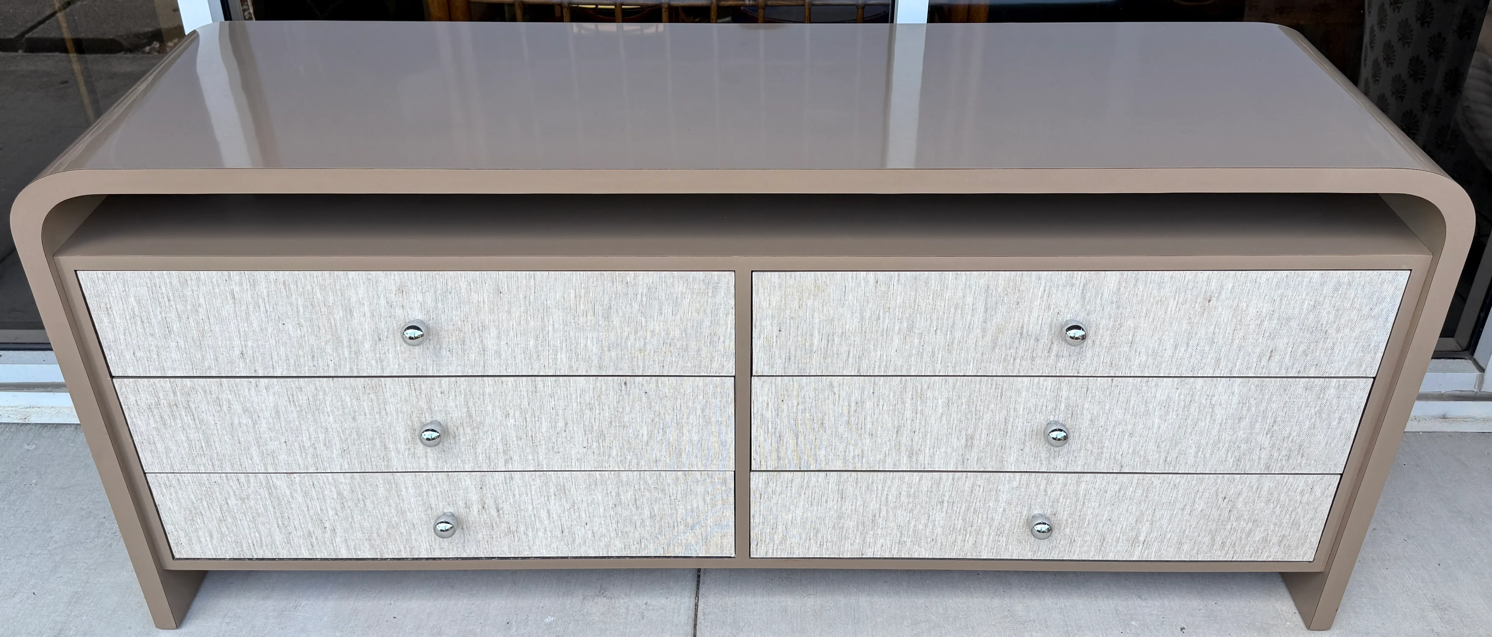 Waterfall Mica Dresser With Chrome Knobs & Grasscloth Drawers Front |  Chairish