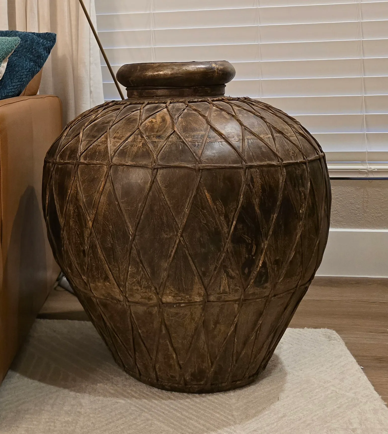 Vintage Pair of Large, Leather-Wrapped, Iron African Pots