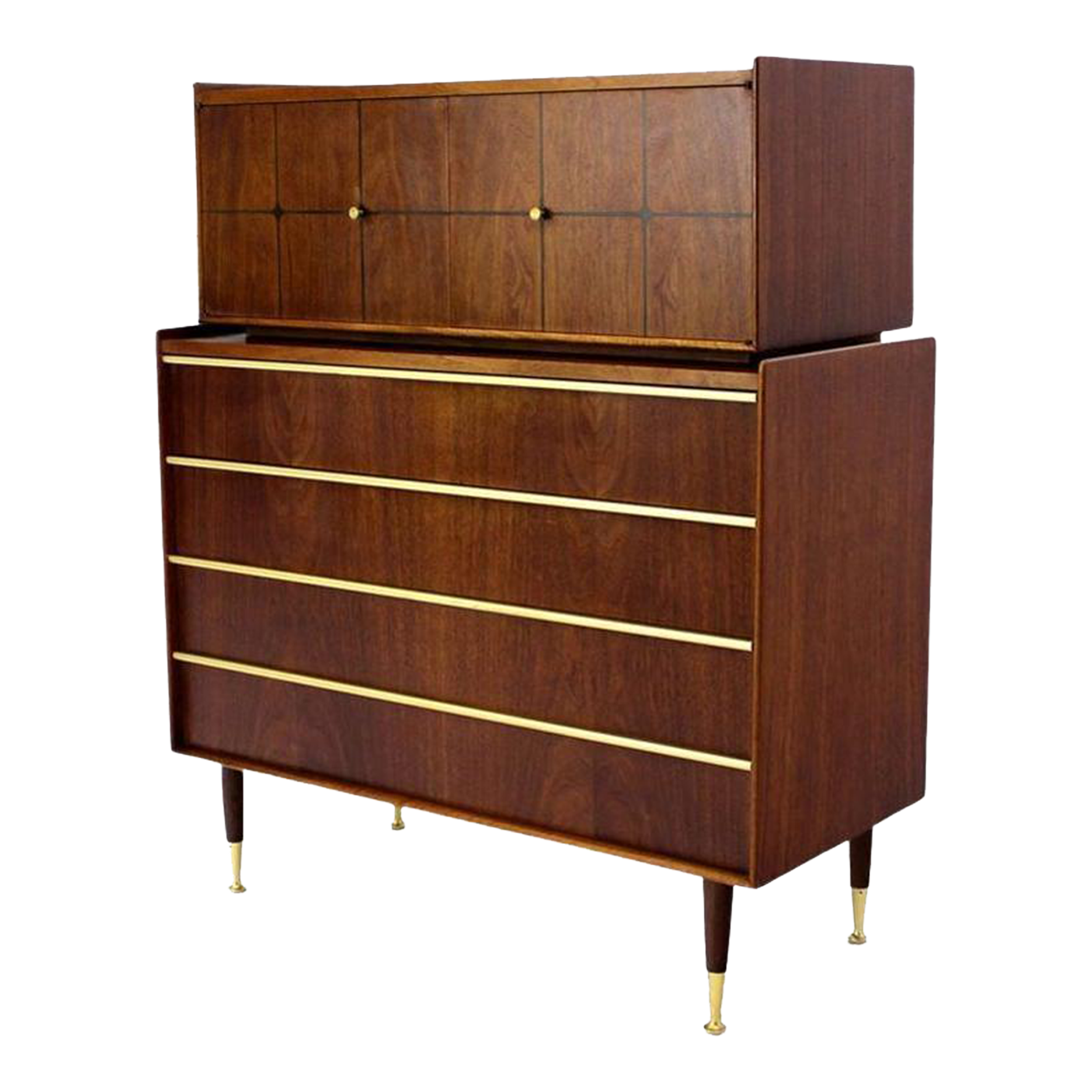 Edmond Spence Walnut Brass Two Part High Gentleman\'s Chest Dresser Cabinet MINT - A Pair