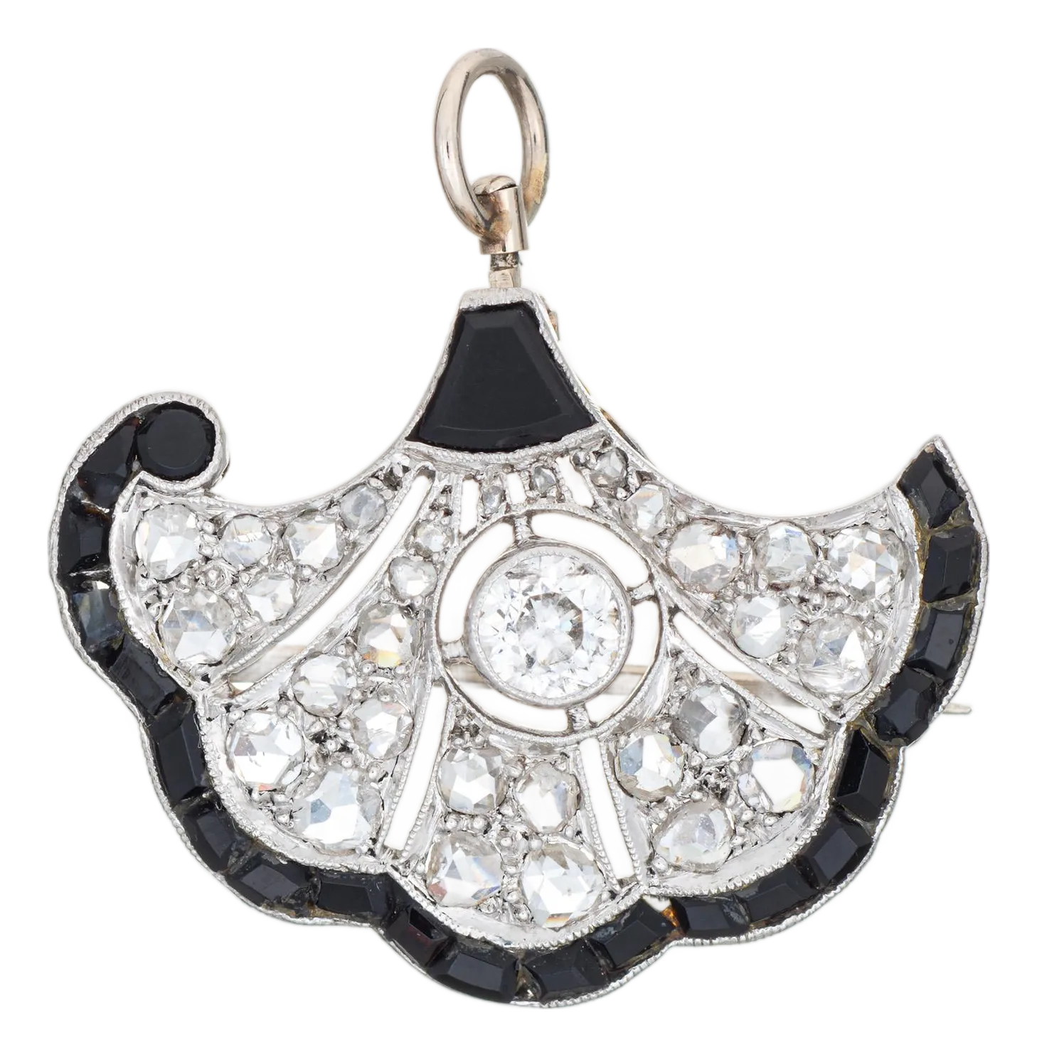 Vintage Art Deco Diamond Onyx Pendant Brooch Platinum Gold Fine Jewelry