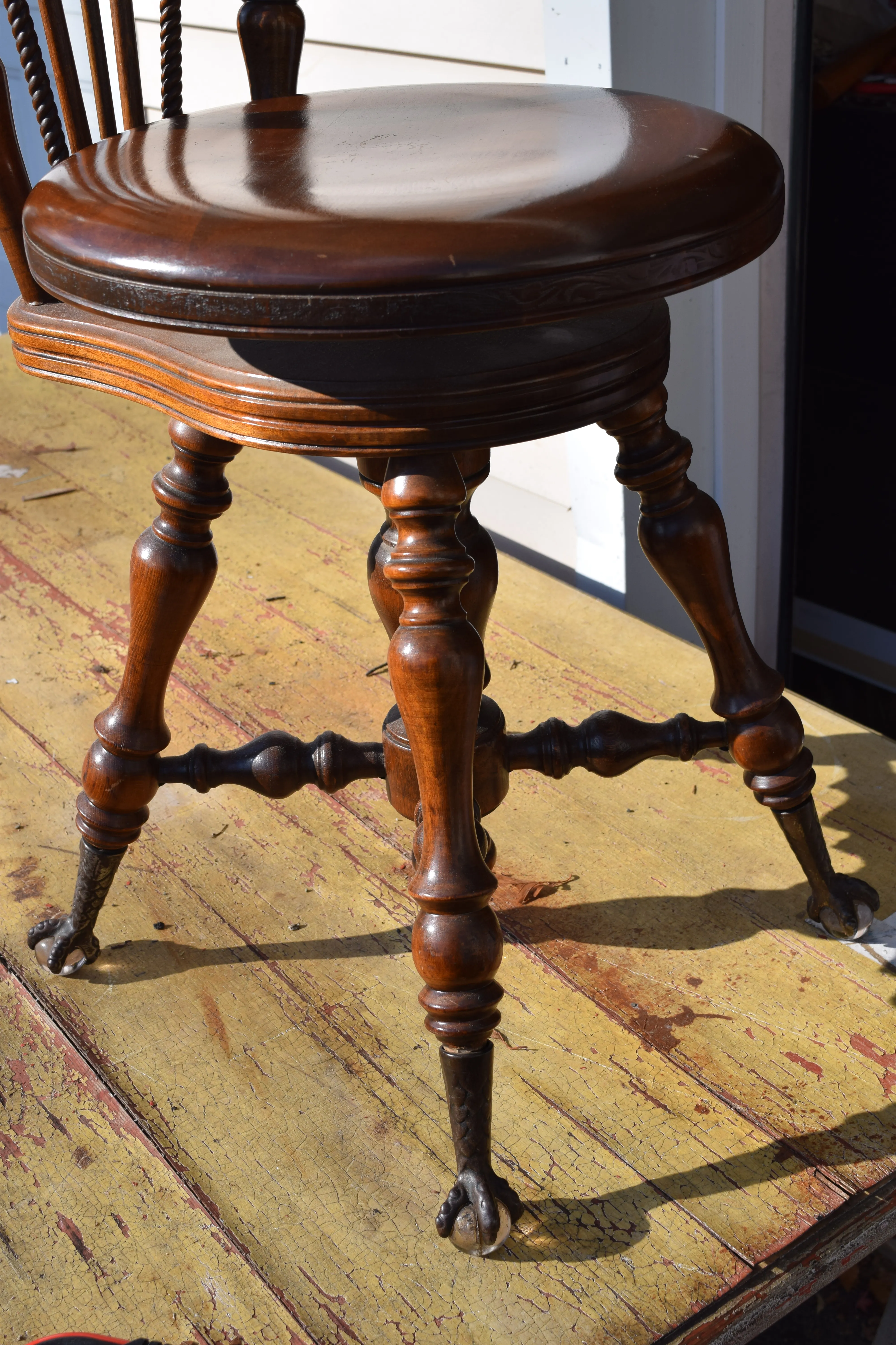 1920s Antique Swivel Adjusting Seat Piano/Vanity Chair With Glass
