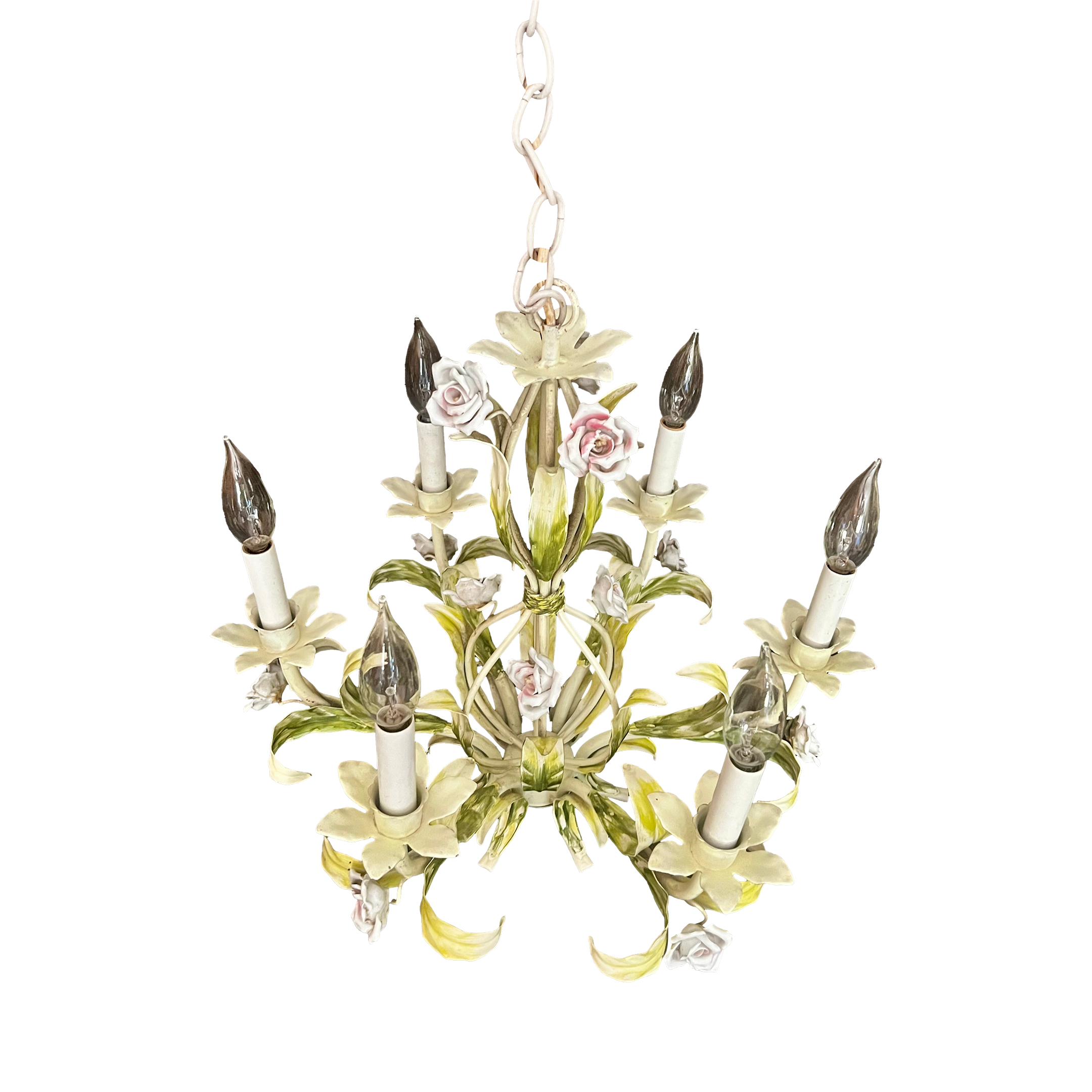 Vintage Tole Six-Arm Chandelier With Roses & Leaves