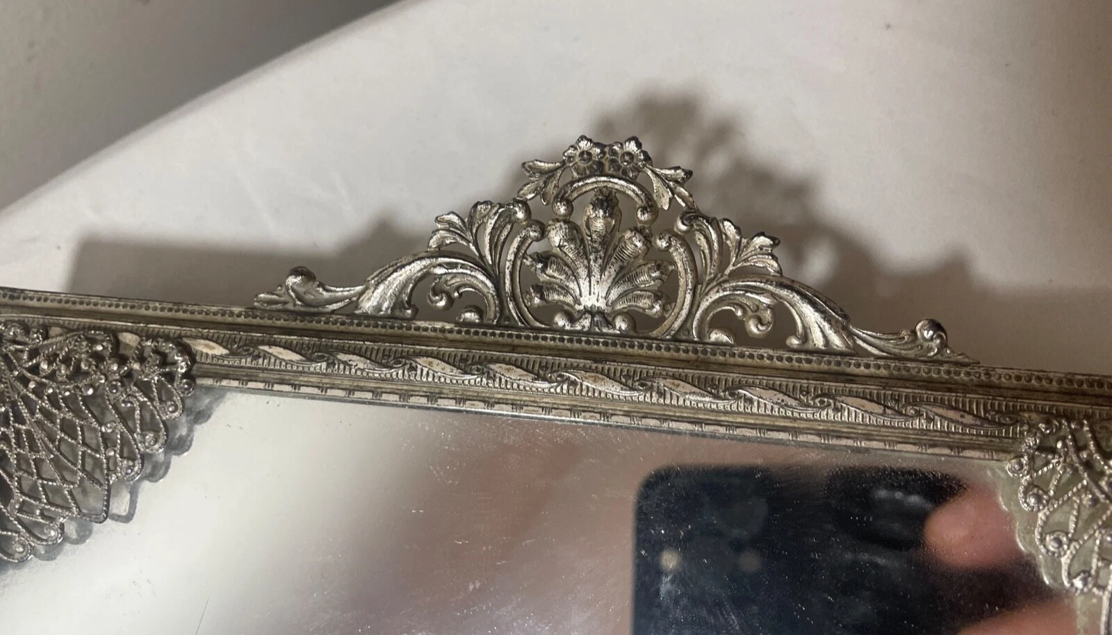 Antique Silver-Plate Rectangle Foo Vanity Filigree Jewelry Vanity Mirror Tray