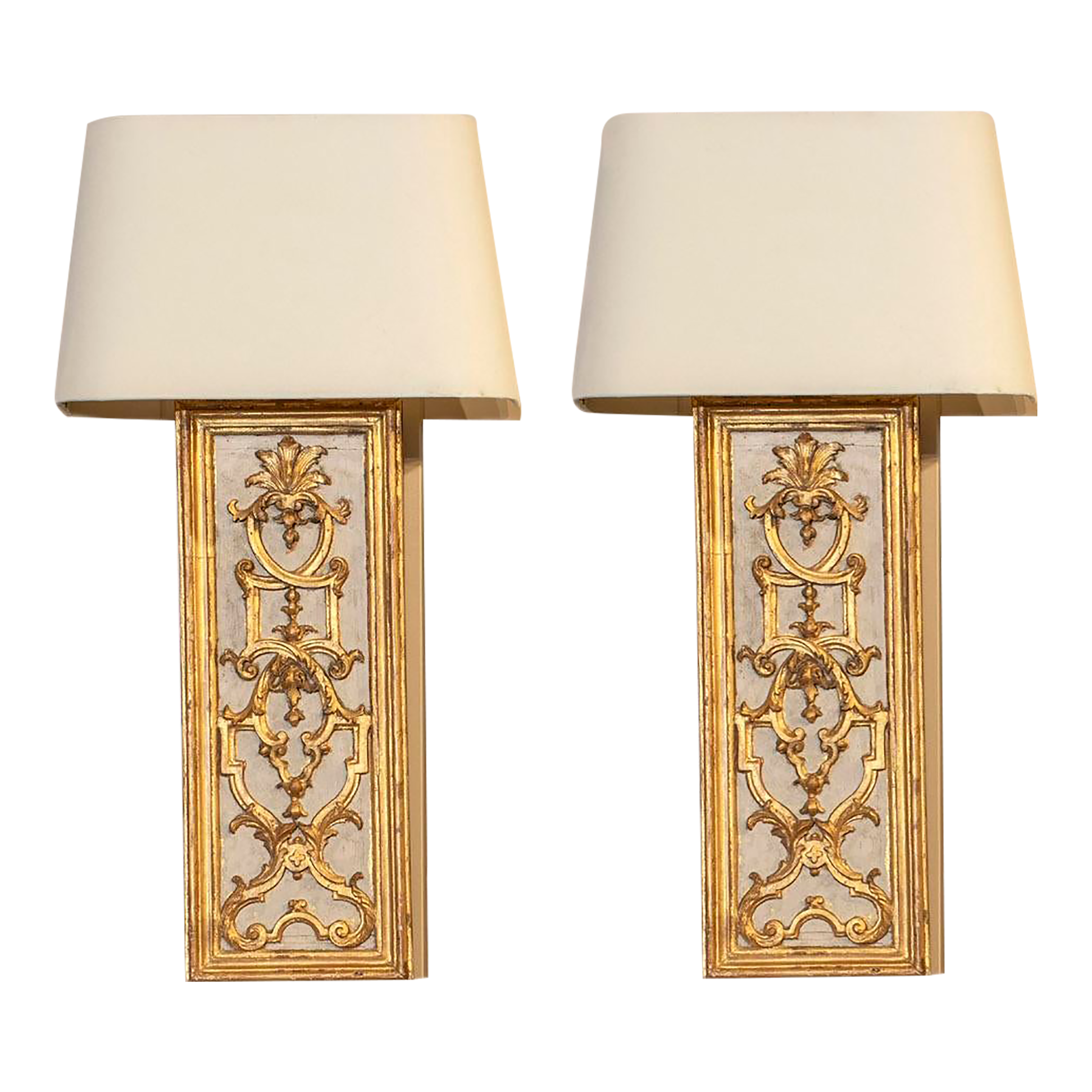 Early 20th Century Gilded Gold and White Wood Wall Sconces - a Pair