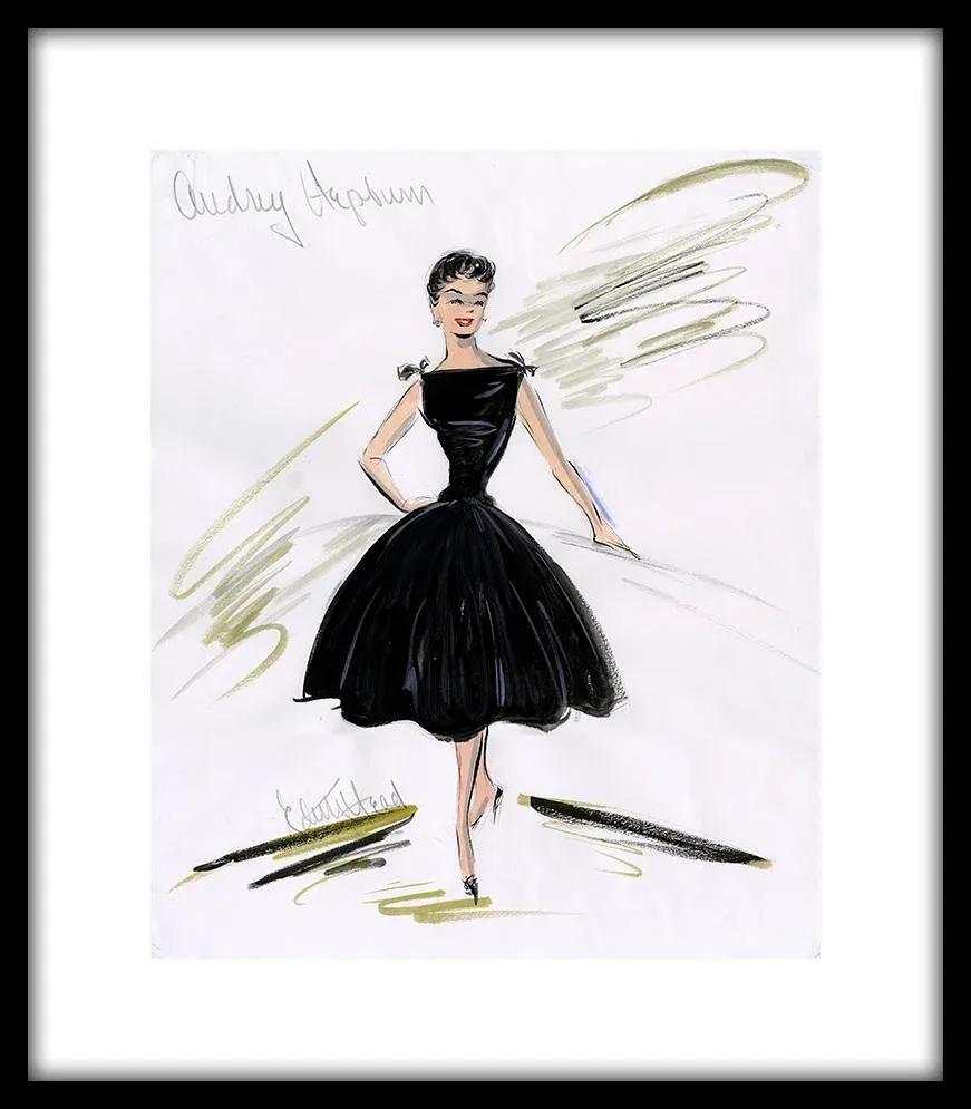 1950s Reproduction Framed Print of Original Costume Sketch by Edith Head of Audrey  Hepburn for \"Sabrina\"