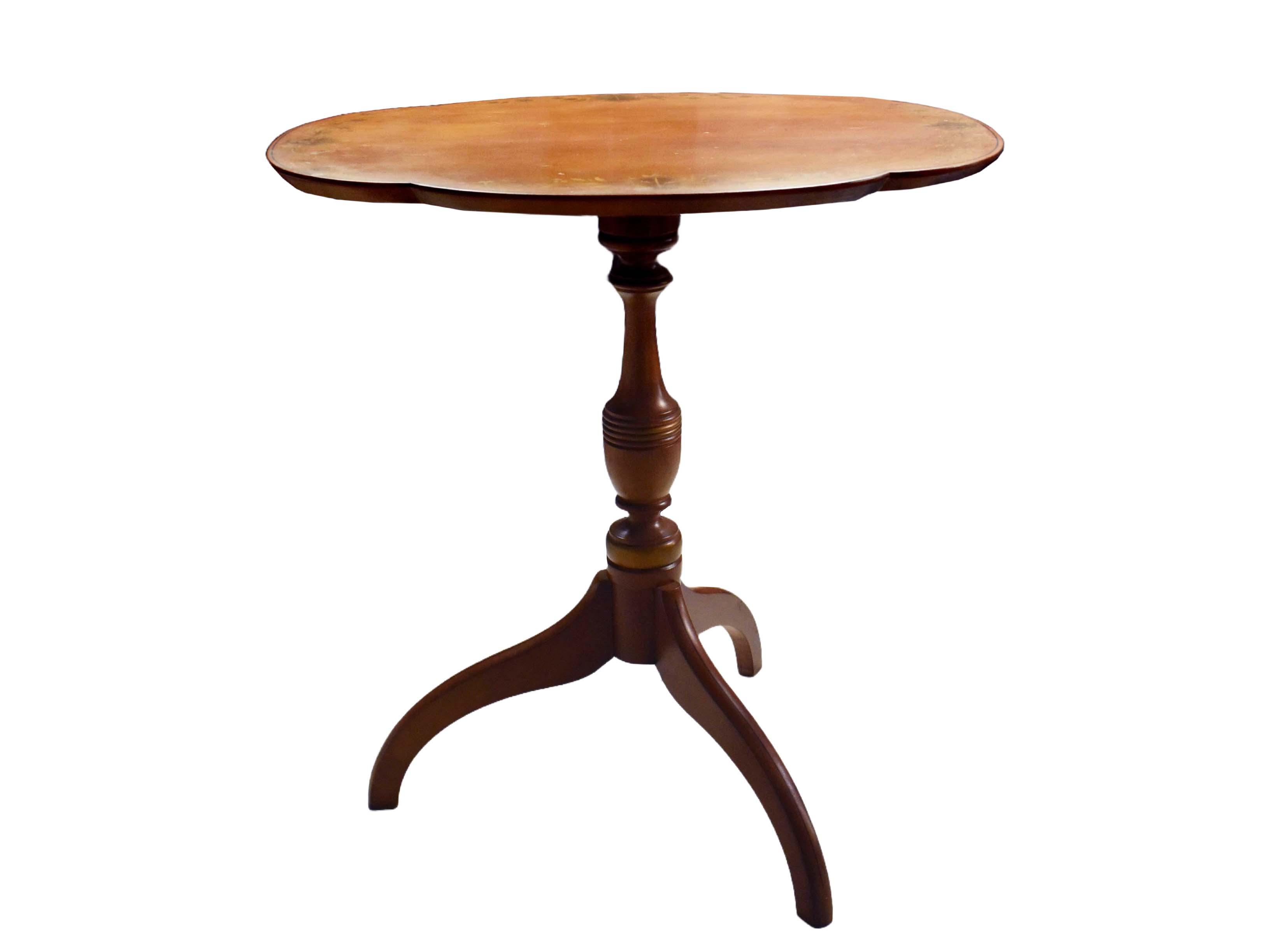 Mid 20th Century L. Hitchcock Harvest Stenciled Scalloped Edge Tilt-Top Candlestick Tea Side Table