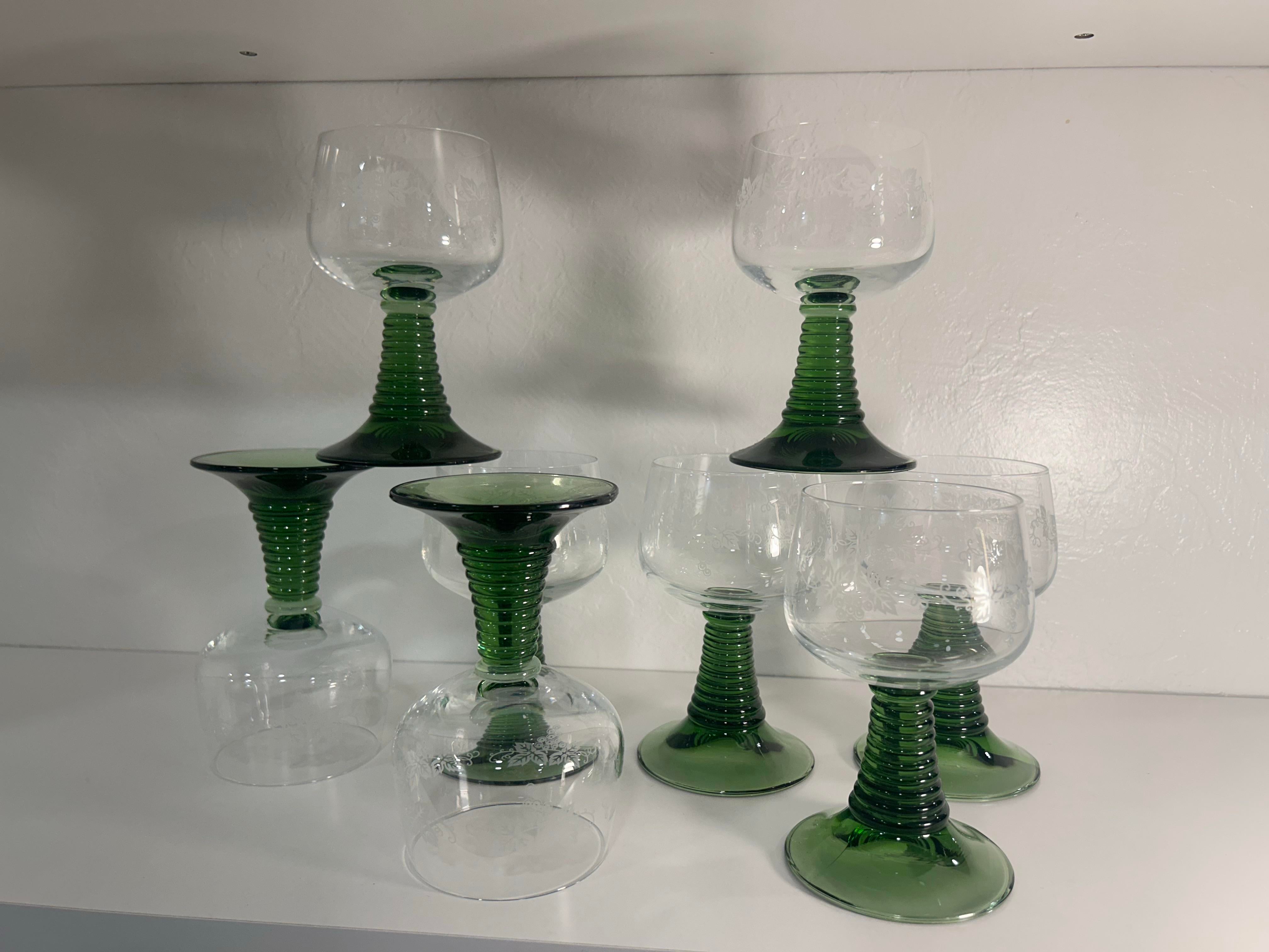 1970s German Crystal Roemer Glasses With Beautiful Beehive Green Stems -  Set of 8