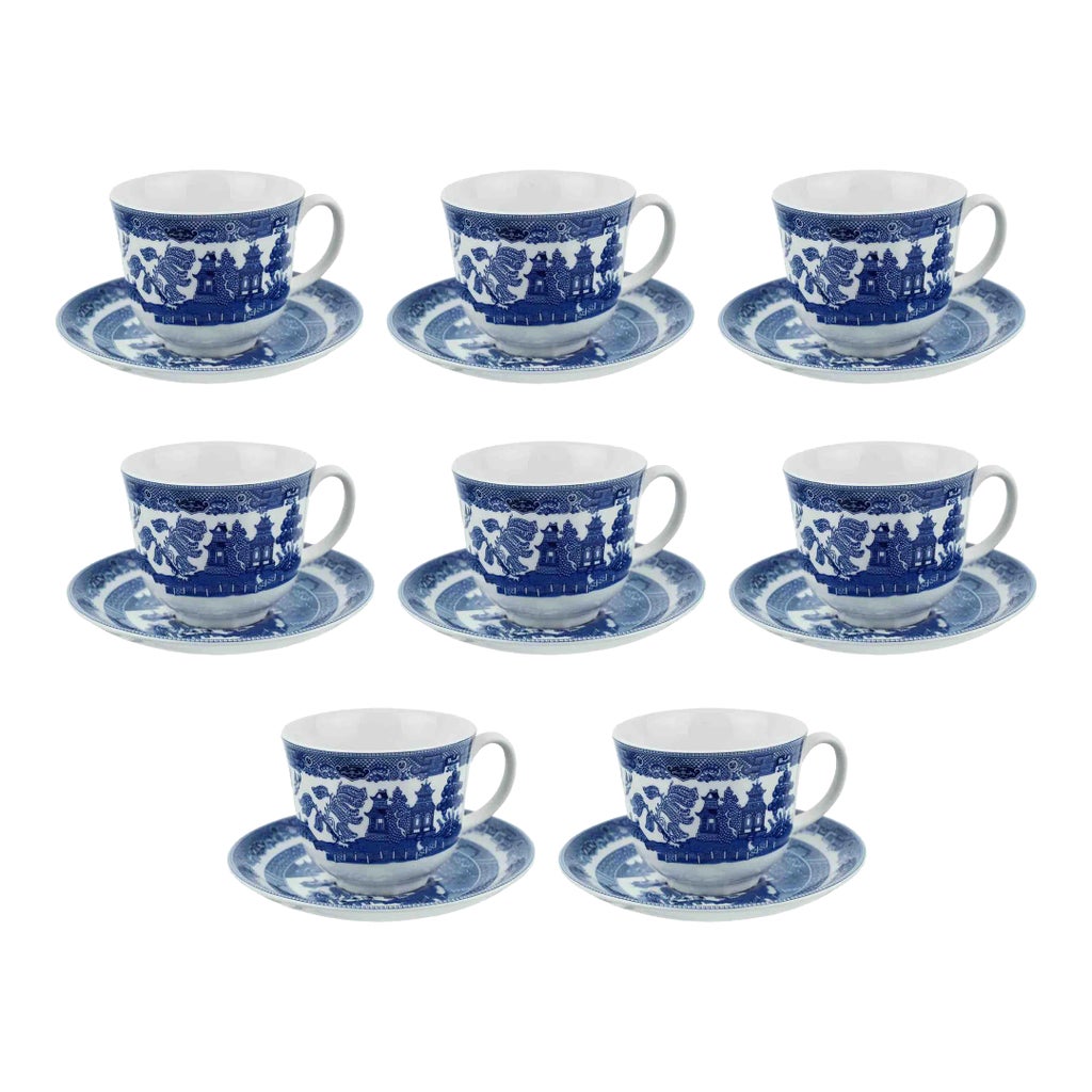 Late 20th Century Blue Willow Design Cups and Saucers by Johnson