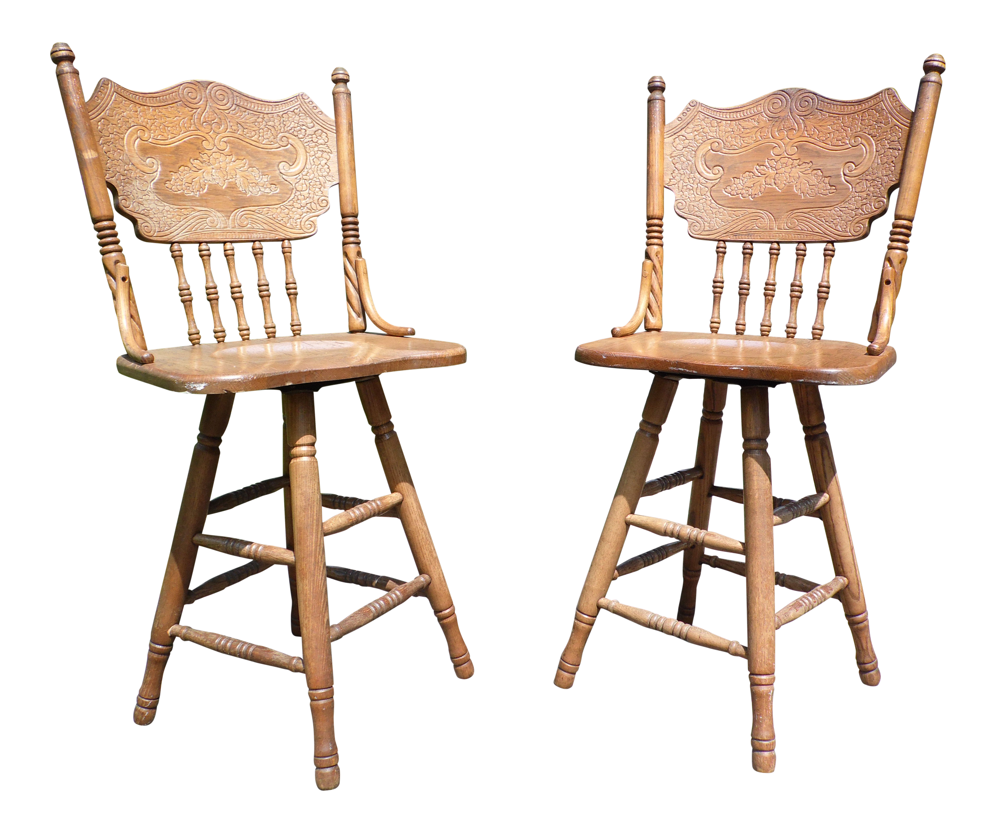 Vintage Pair Solid Oak Press Back Spindle Swivel Counter Bar Stools Chairish
