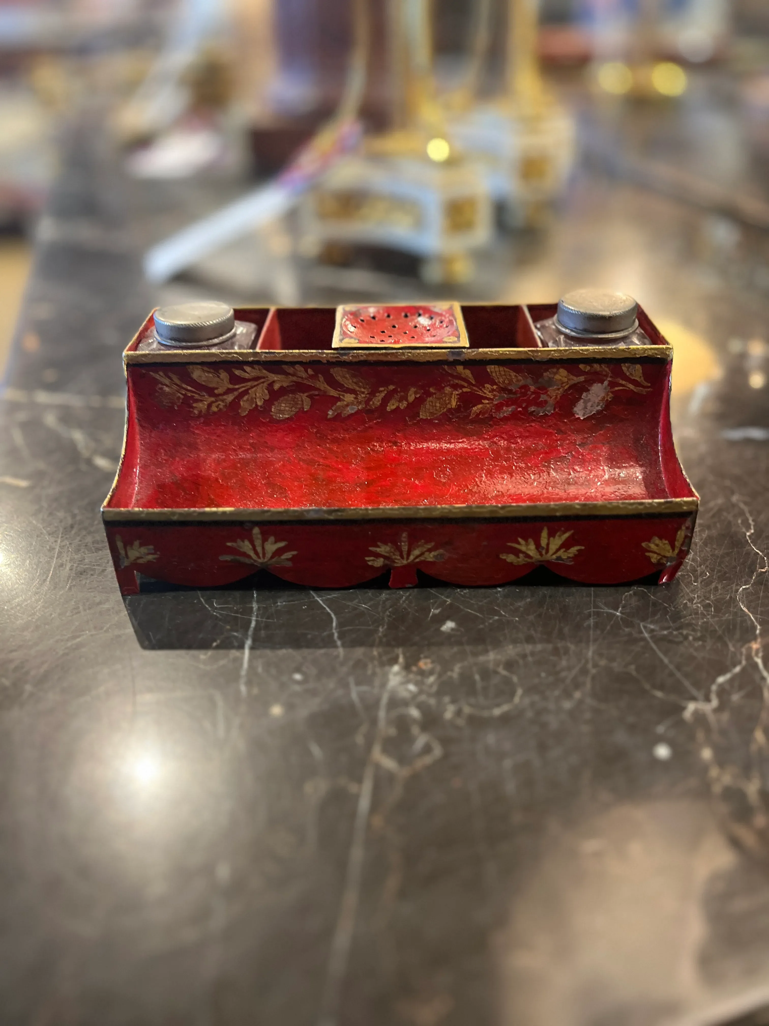 18th Century French Red Tole Painted Ink Stand