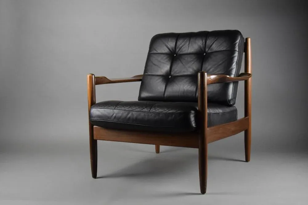 Mid-Century Danish Black Leather and Wood Lounge Chair by Grete