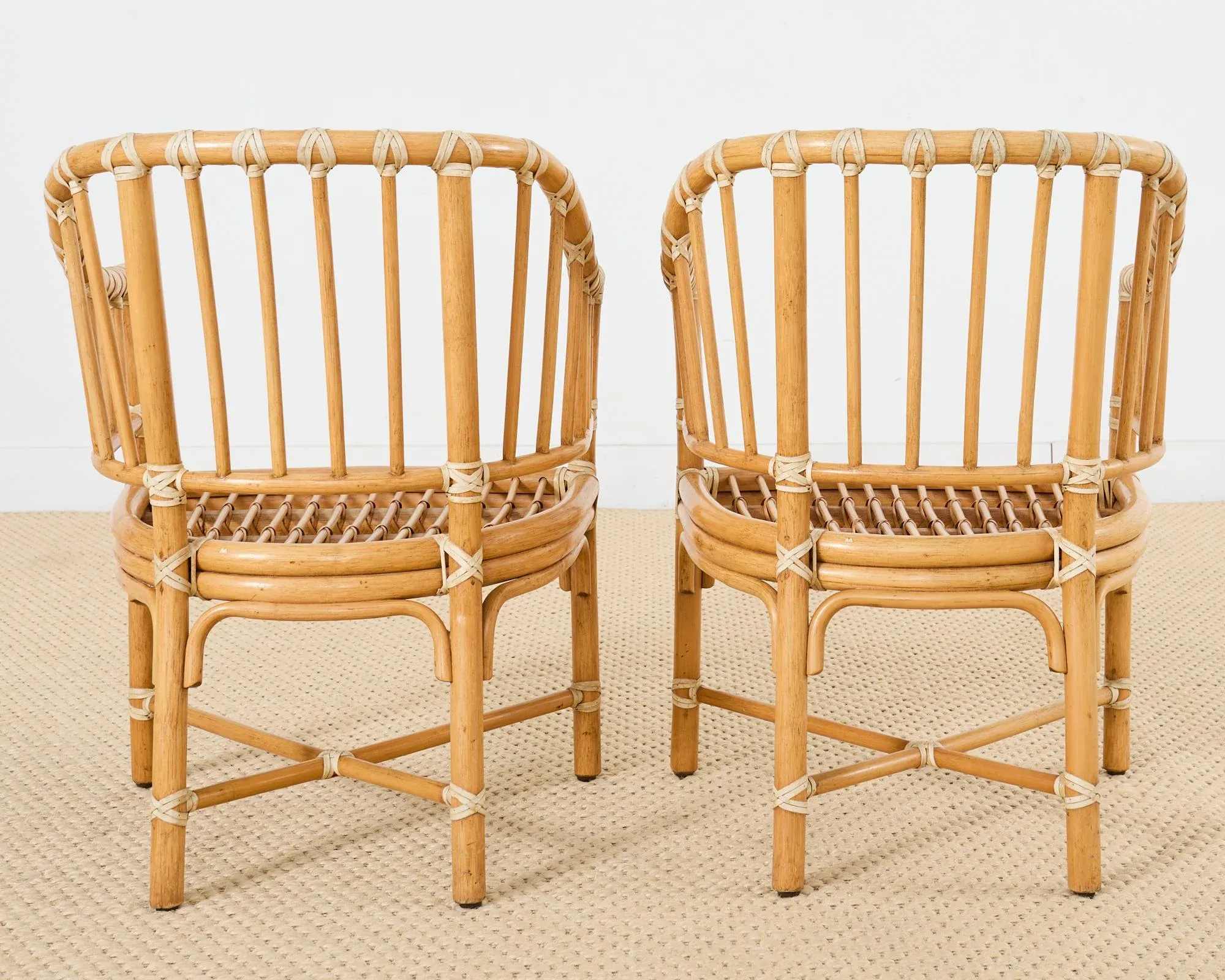 Set of Four McGuire Rattan Barrel Back Dining Chairs