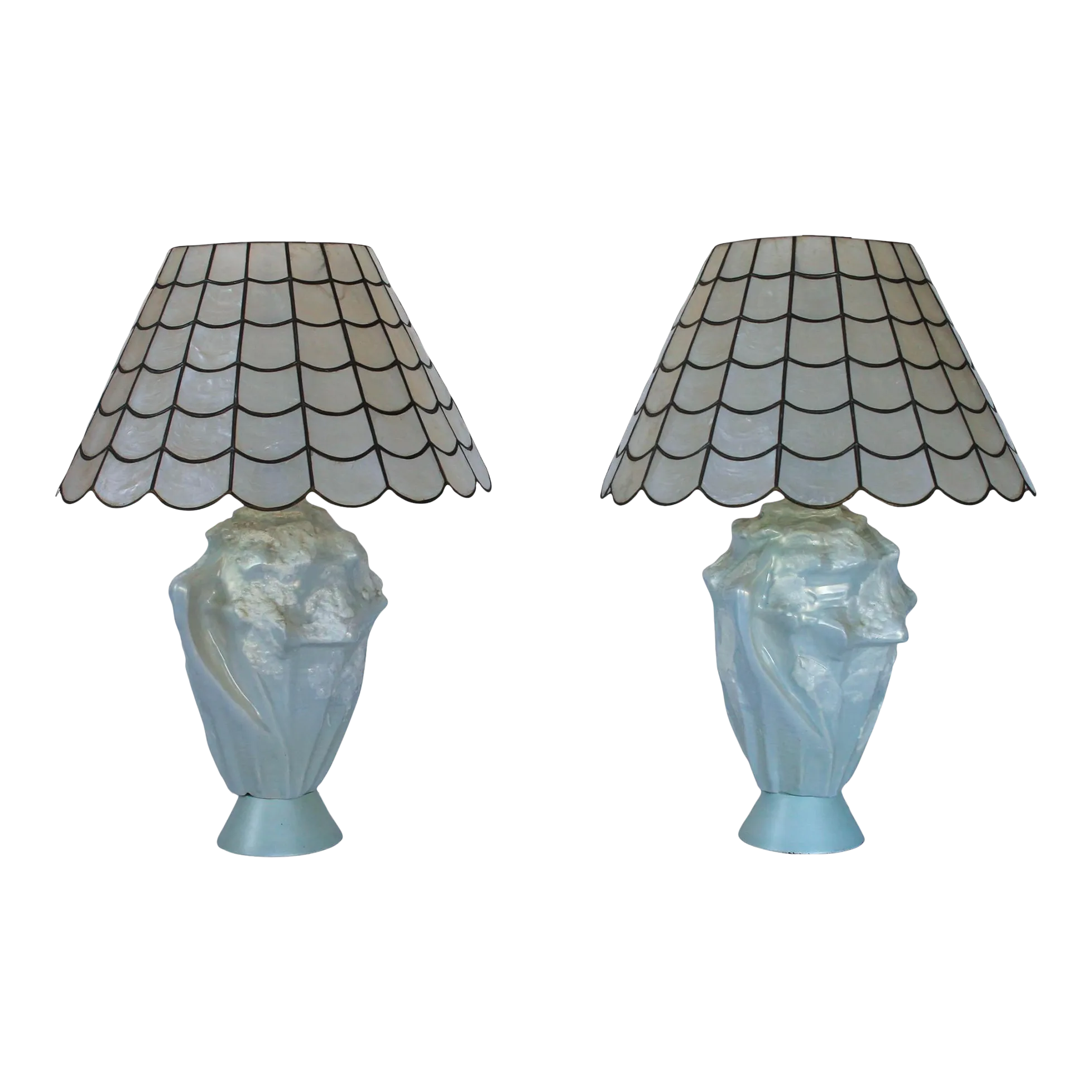 Pair of Vintage 1960s Faux Conch Shell Ceramic Table Lamps W/ Capiz Sea ...