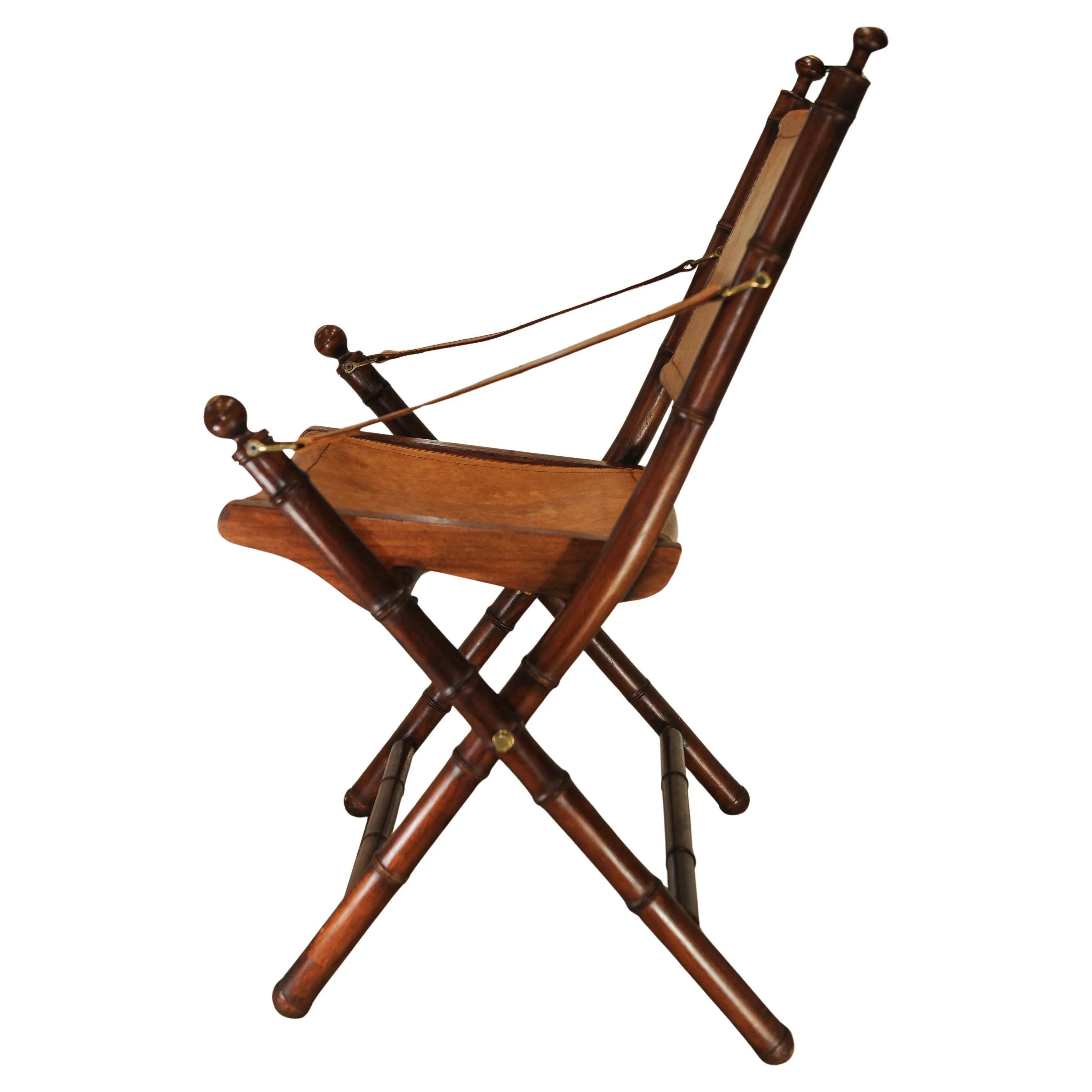 Faux Bamboo and Stitched Tan Leather Folding Safari Chair with