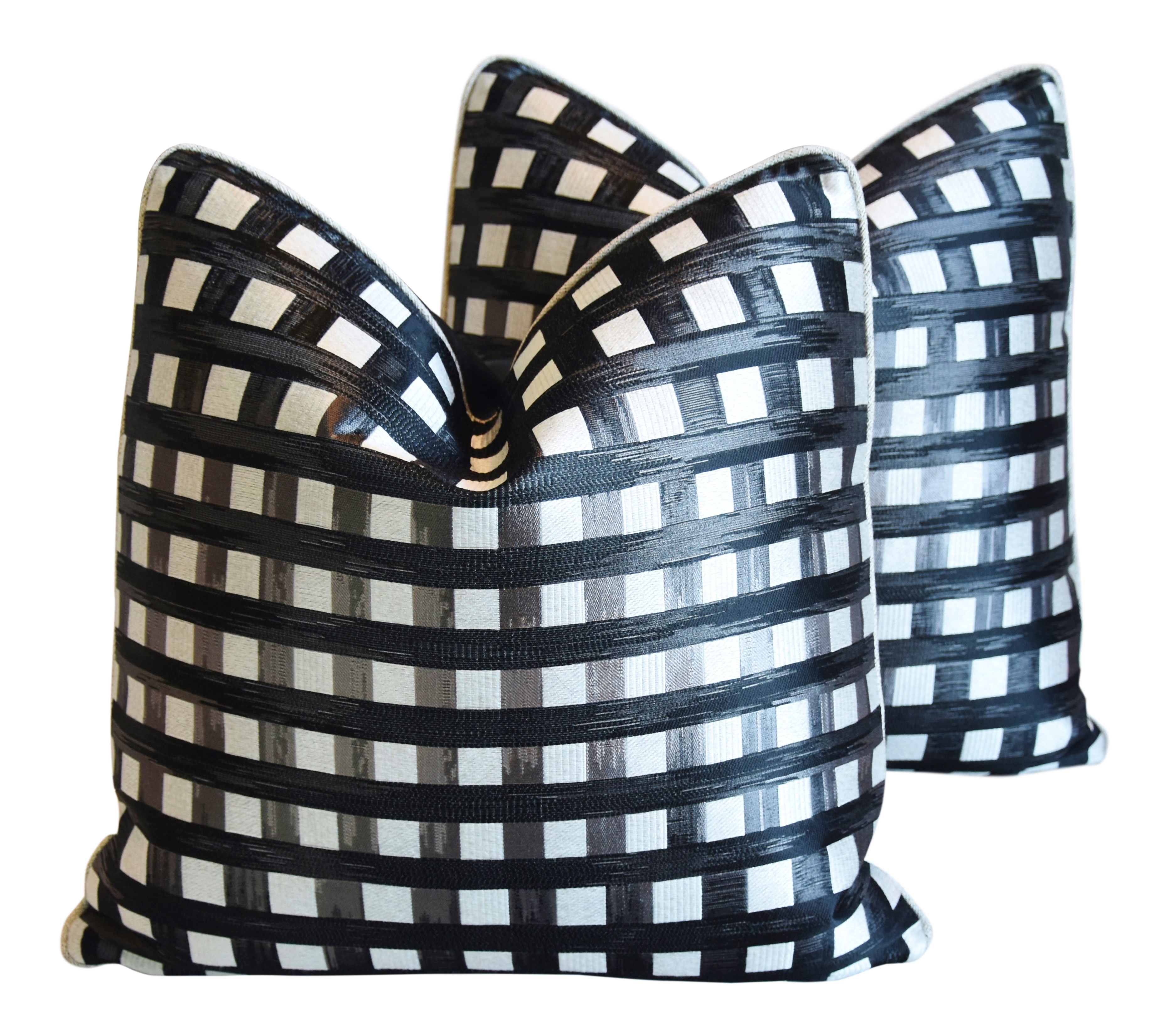 Black White Checkered Silk Tanned Leather Feather Down Pillows