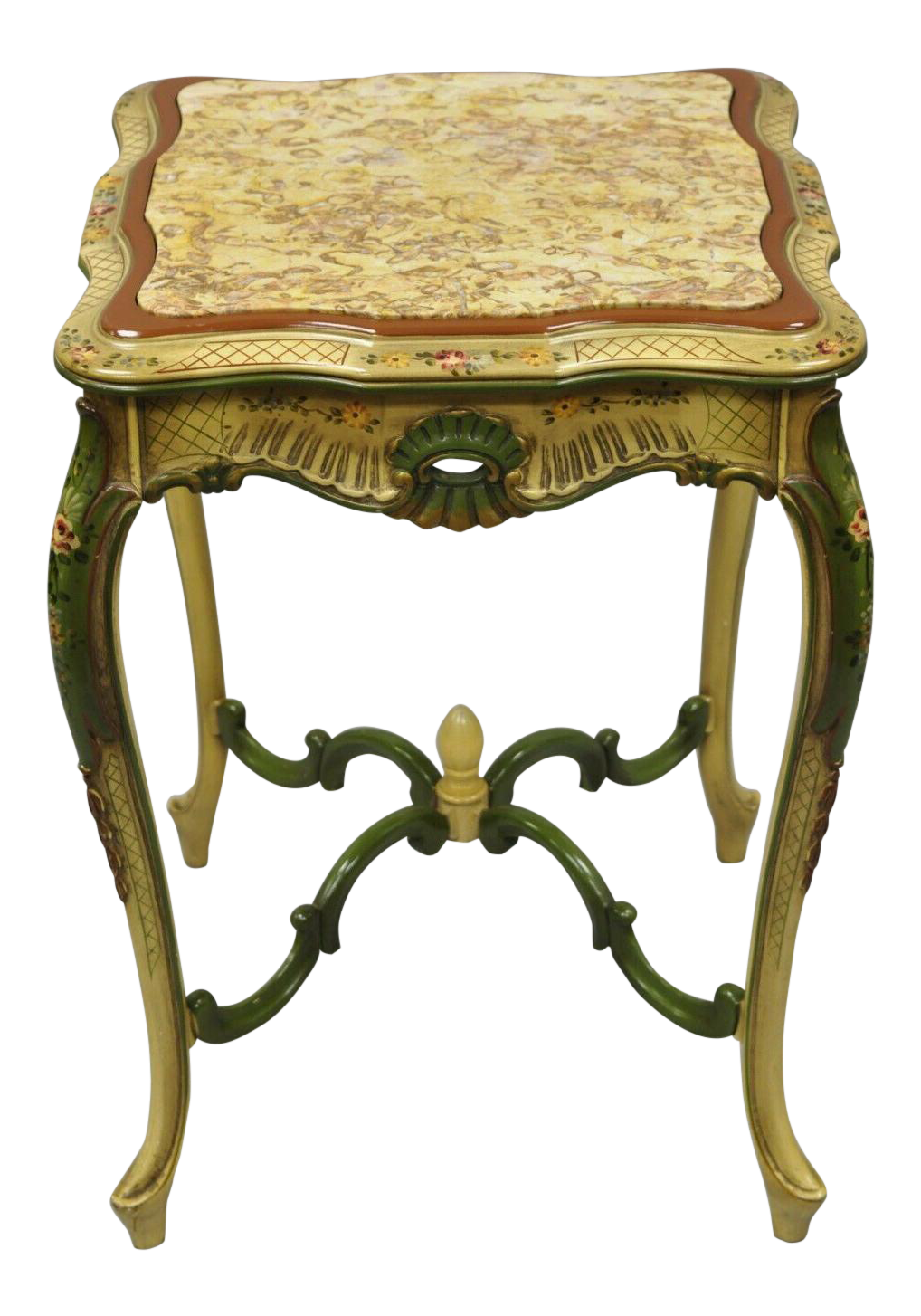 Vintage Italian Style Hand Painted Floral Green Marble Top