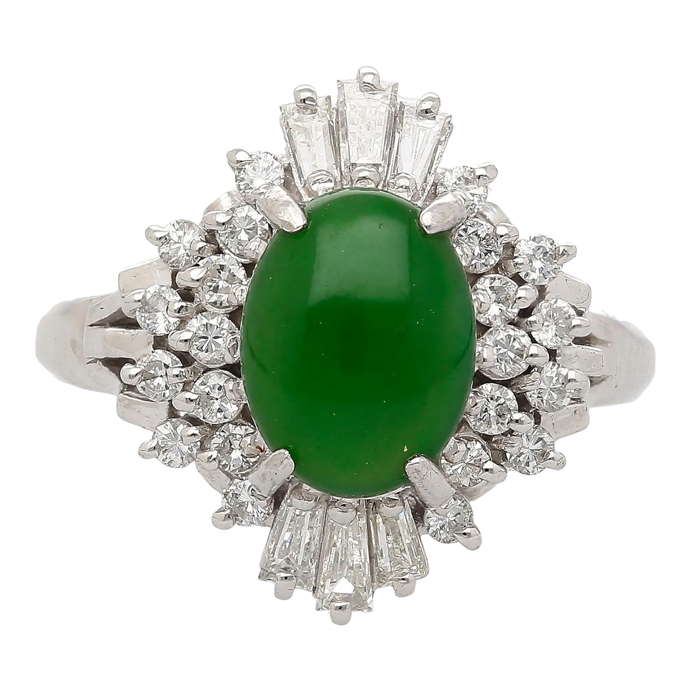 1.73 Carat Jadeite Jade Fei Cui & Diamond Halo Platinum Ballerina Filigree Ring Size 6.5