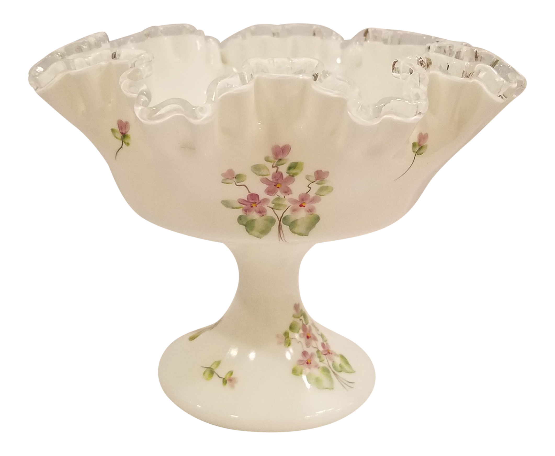 Vintage Fenton Art Glass Silvercrest Double Ruffle Compote Hand Painted And Signed By Marilyn Duff Chairish