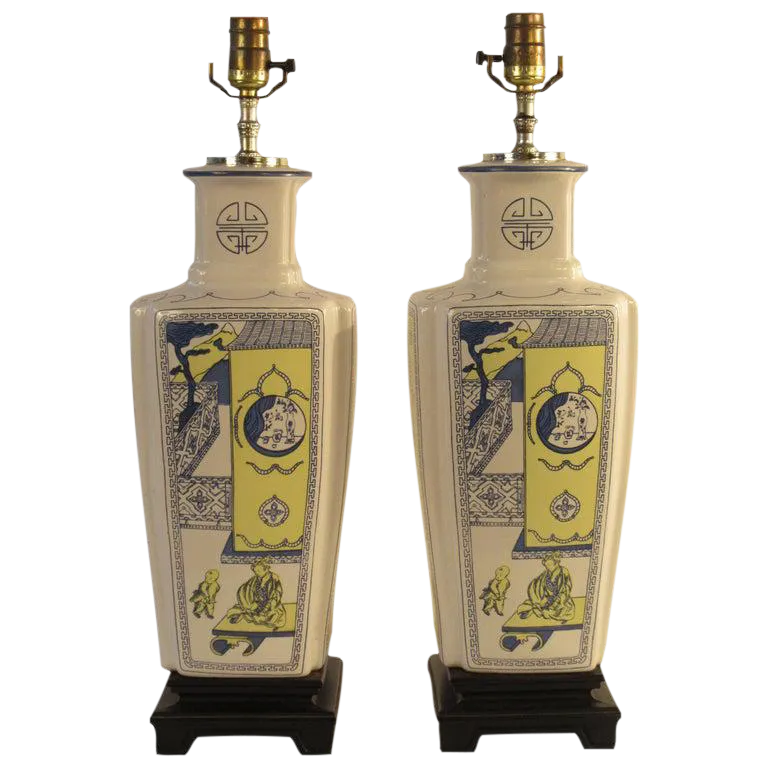 1960s Asian Ceramic Lamps on Wood Base a Pair Chairish