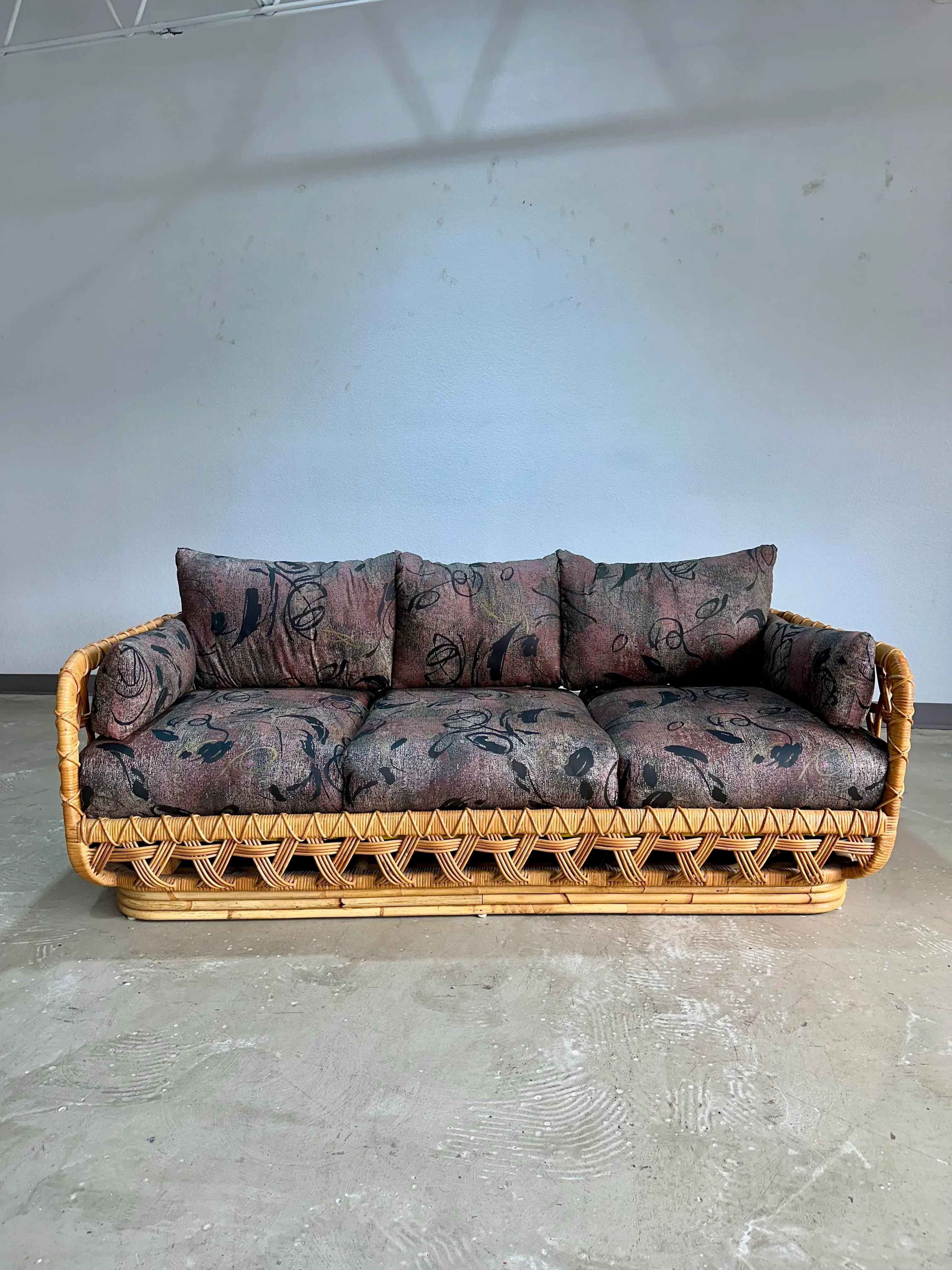 1970s Danny Ho Fong for Tropi-Cal Basket Weave Rattan Sofa