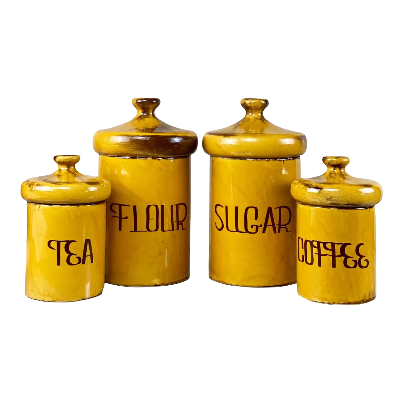 MidCentury Porcelain Mushroom Top Gold Yellow Kitchen Canisters Set