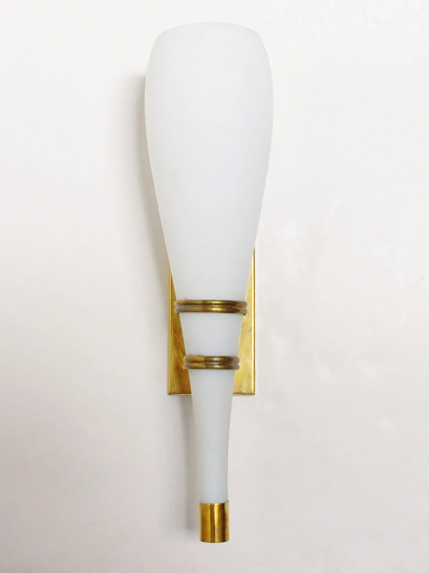 Set of Four Italian White Frosted Murano Glass Torch Sconces & Brass. 1960\'s.