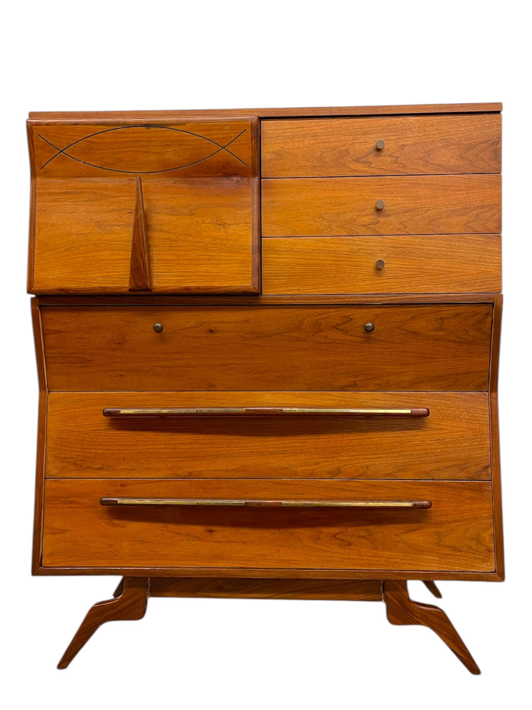 mid century modern highboy dresser Mid-Century Modern Burl Wood Highboy Dresser  Dolphin & Flamingo