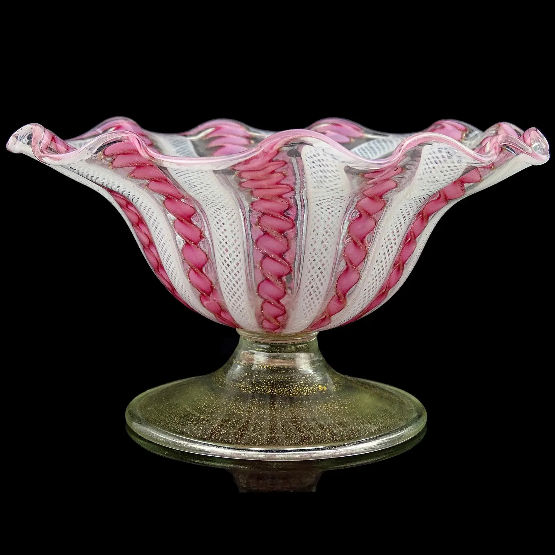 Murano Vintage White Pink Copper Aventurine Ribbons Italian Art