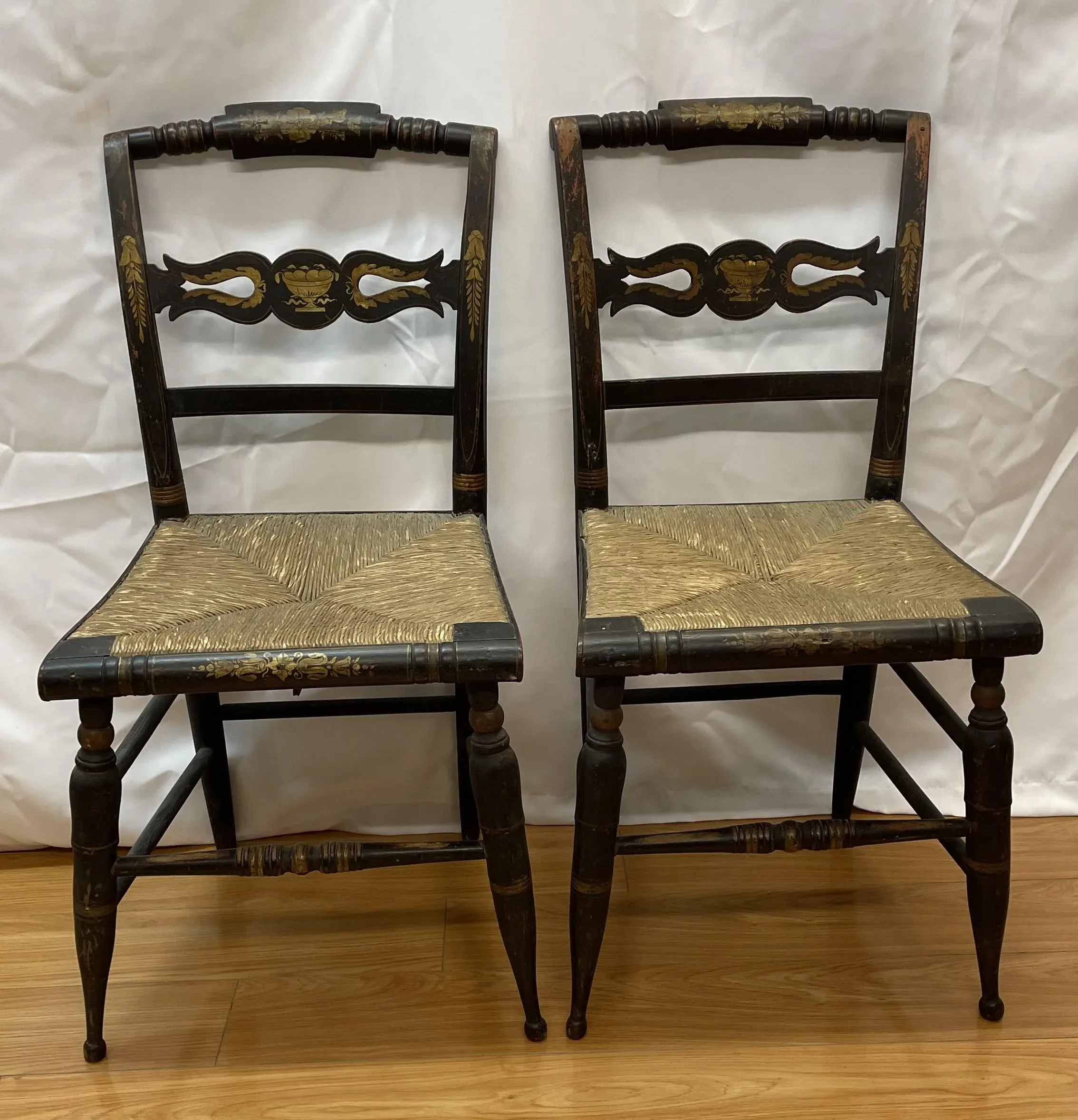 Pair of Sheraton Fancy Early 19th Century Hitchcock Chairs With Rush Seats