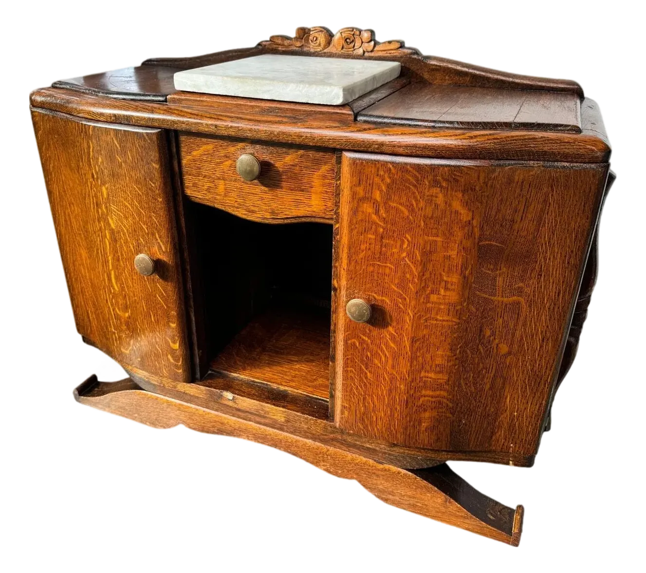 Early 20th Century Tiger Oak and Marble Sculptural Cabinet