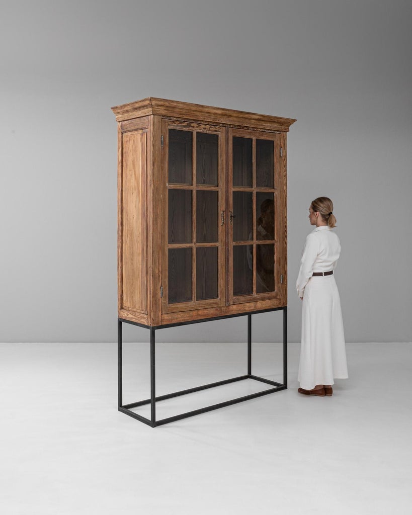 1900s Belgian Industrial Wooden Vitrine On Metal Base