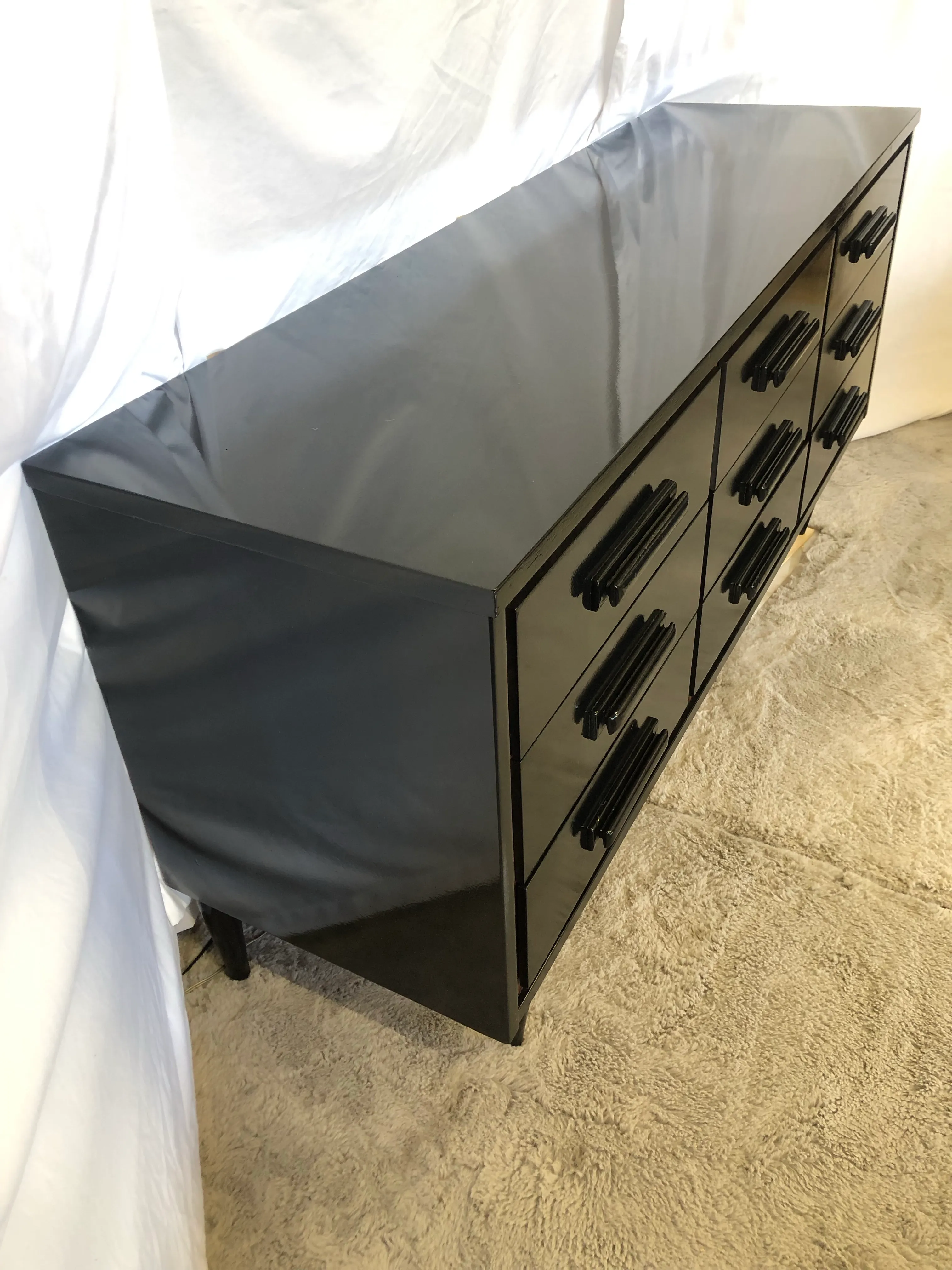 Mid 20th Century Lacquered Black Long Boy Dresser by Bassett Furniture