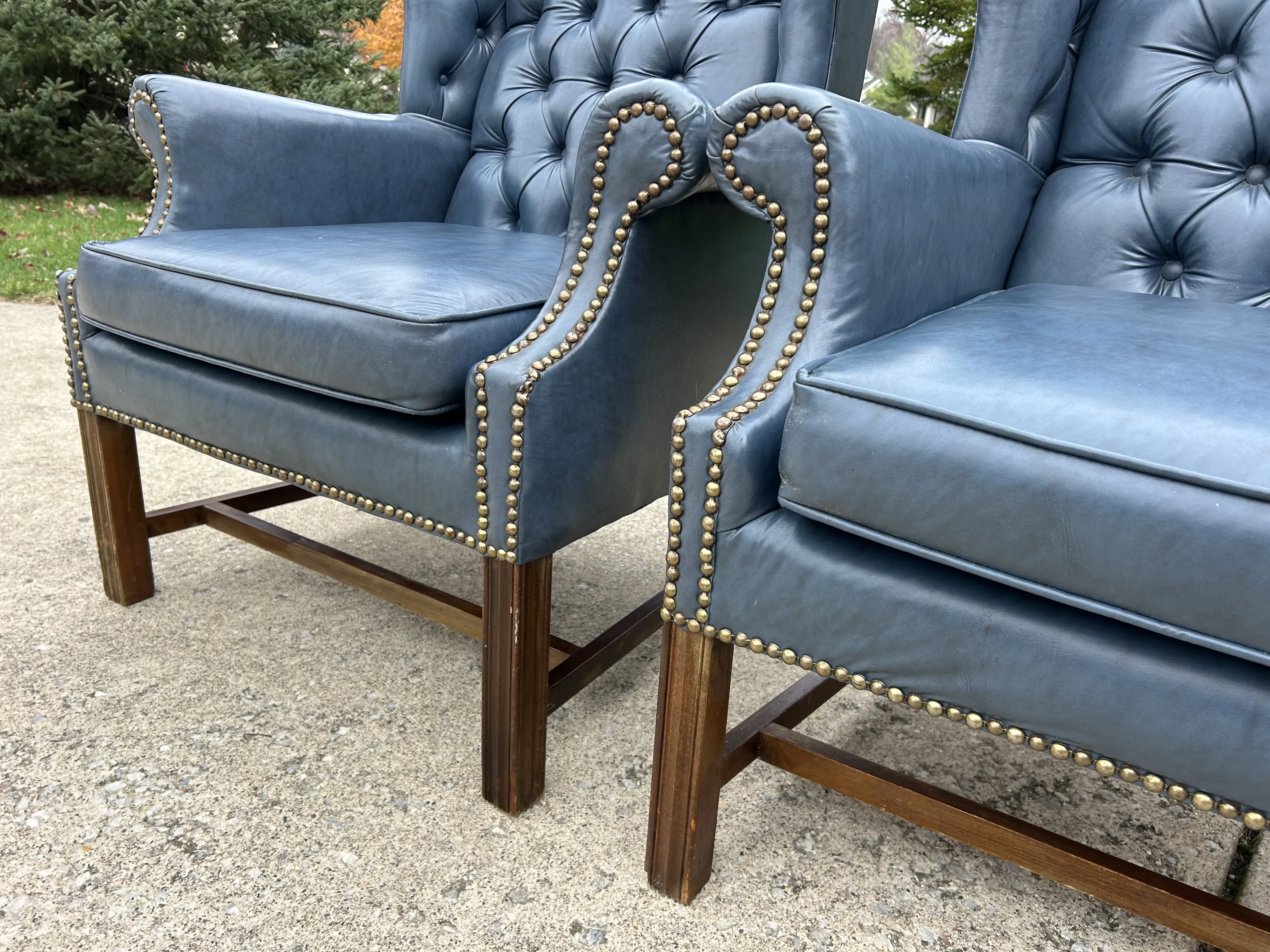 Mid-Century Chesterfield Wingback Chairs Tufted Blue Faux