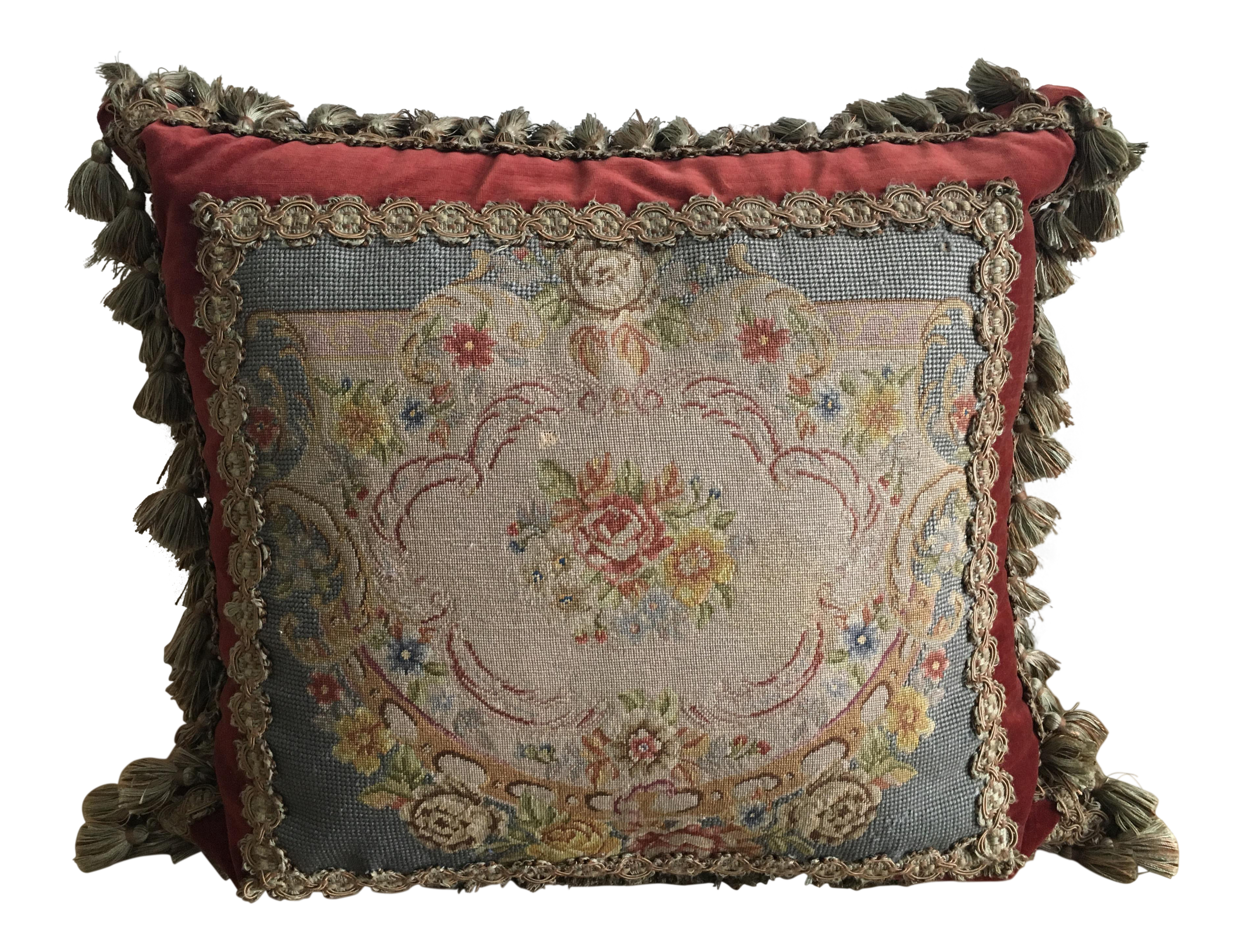 Velvet Pillow With Antique Needlepoint Tapestry Panel Chairish