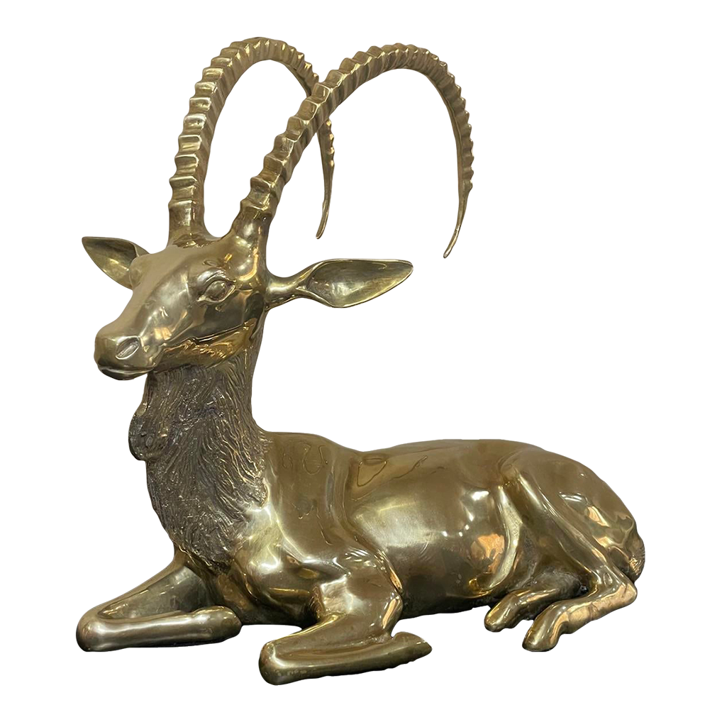 Vintage Mid 20th Century Brass Curved Horn Goat Ibex Sculpture Large