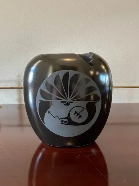 Mid 20th Century Adakai Black Pottery Oval Vase
