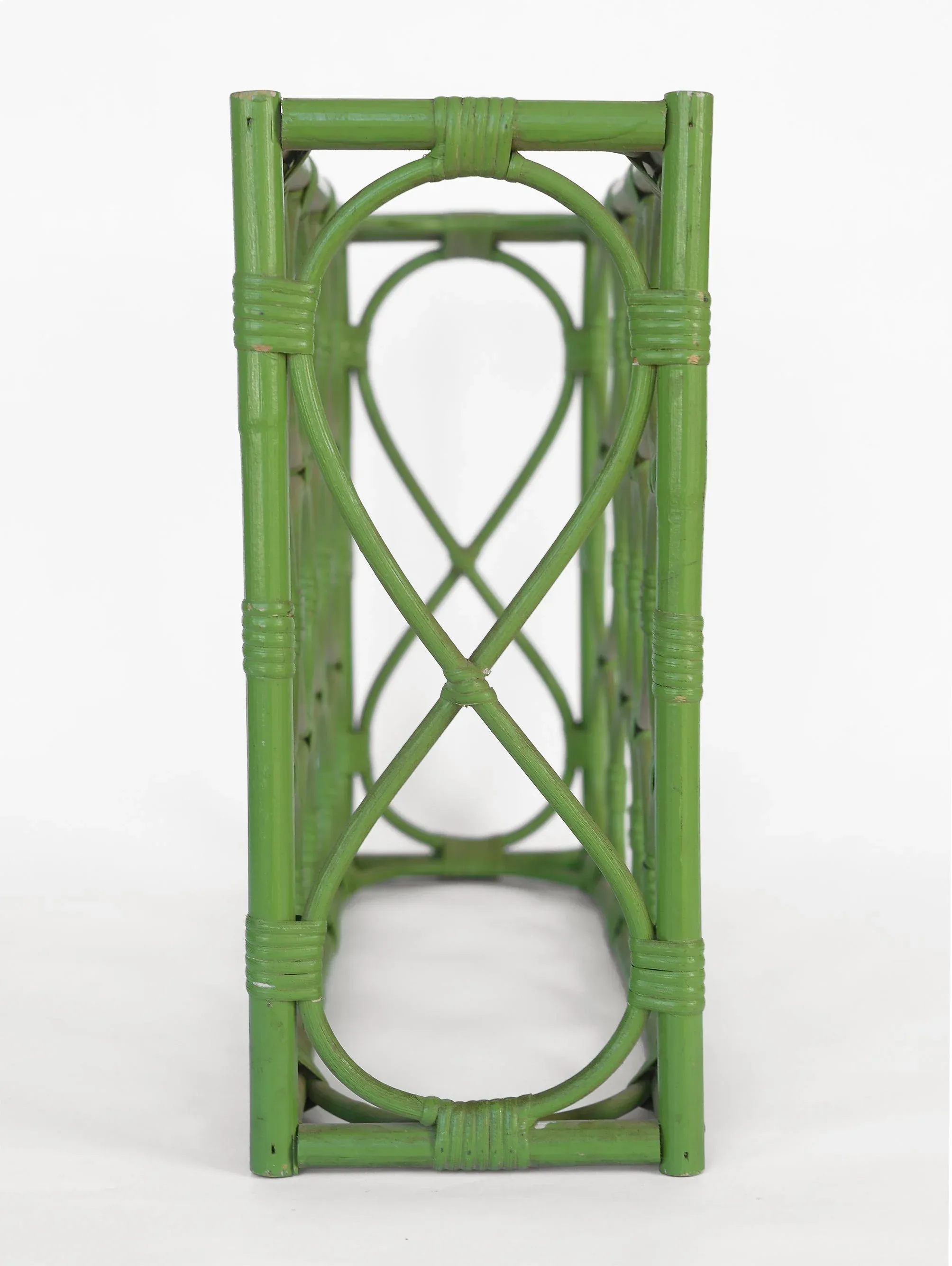 Vintage 1970s Boho Green Rattan 12-Bottle Wine Rack