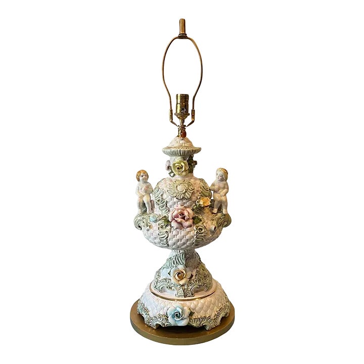 Mid-Century Capodimonte Porcelain Cherub Basketweave Floral Table